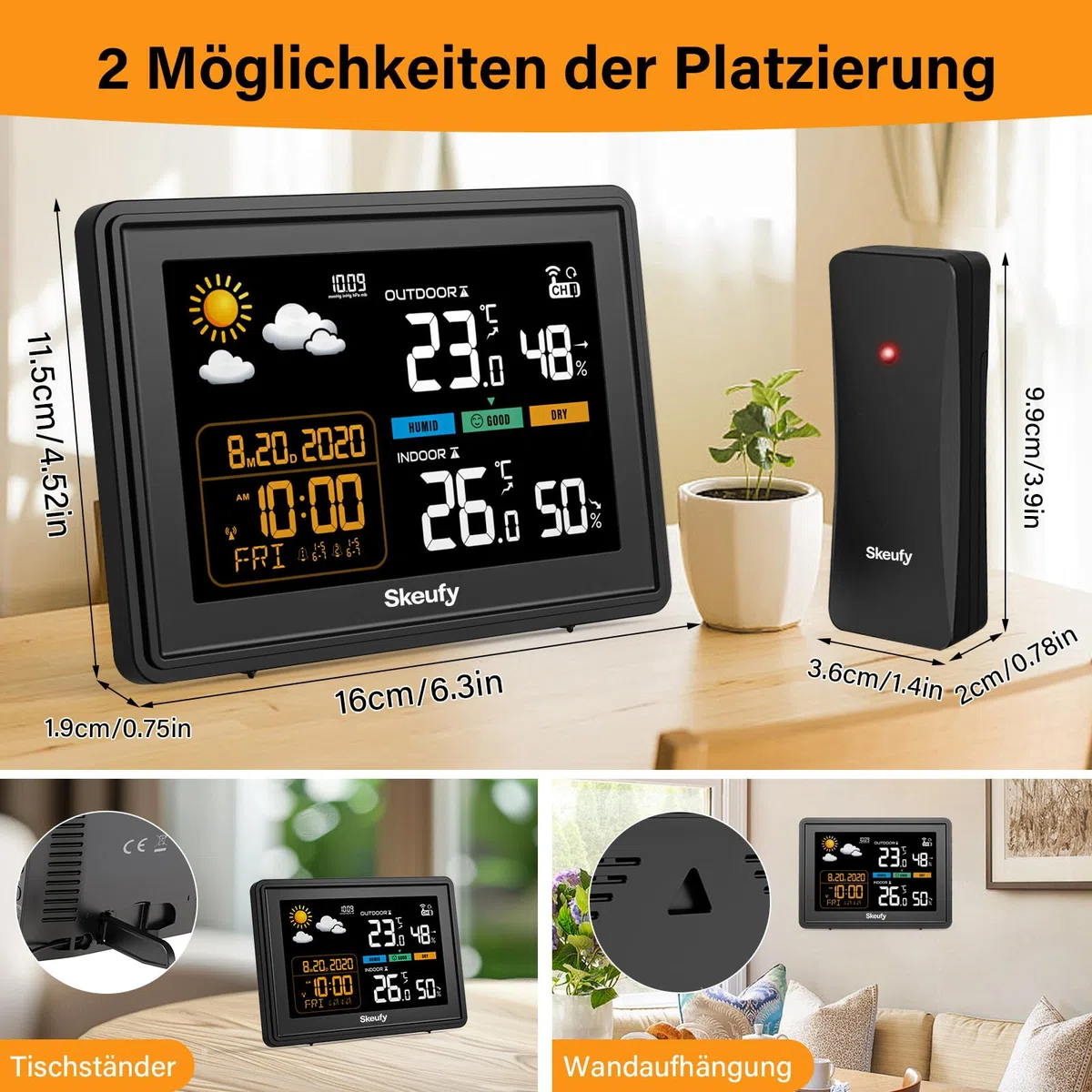 Skeufy Stazione meteo e radio con sensore esterno, temperatura interna ed esterna, umidità, previsioni meteo, barometro, display digitale a colori, orologio radio DCF