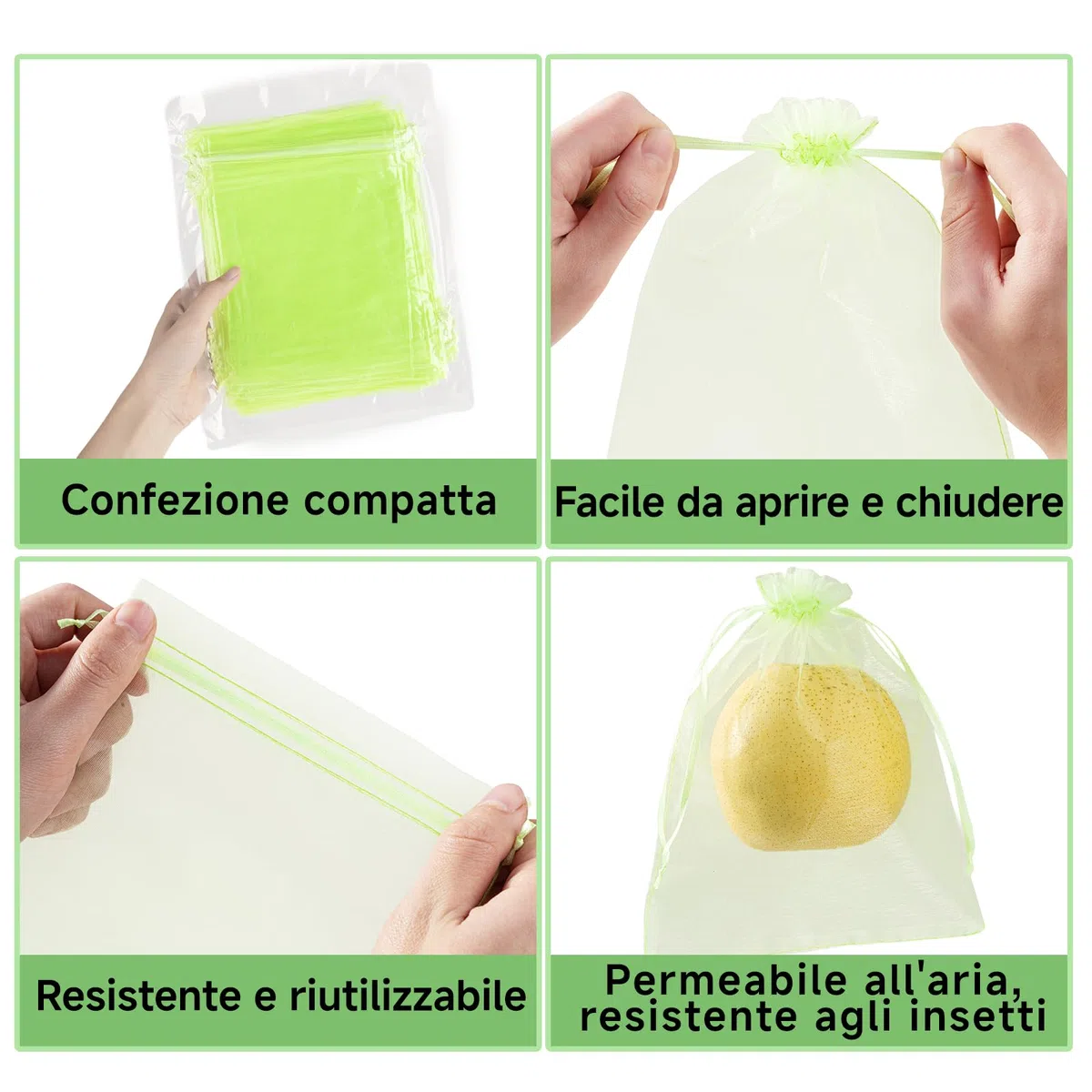 100 pezzi sacchetti in organza 20×30 cm per protezione della frutta, rete traspirante con cordoncino per uva, limoni e piante da giardino