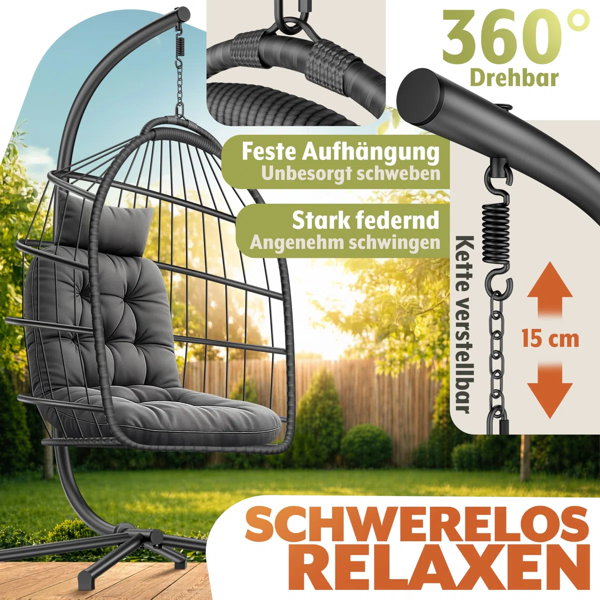 Sedia sospesa ELONEO con supporto e cuscino premium, sedia sospesa per esterno e interno con copertura, altalena sospesa per esterno con capacità di carico fino a 160 kg, hanging chair, antracite