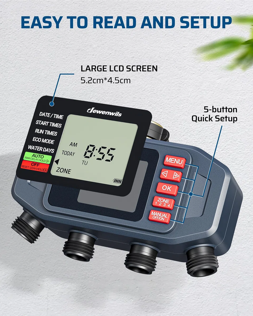 DEWENWlLS - Timer irrigatore a 4 zone, per rubinetto esterno, ritardo pioggia e manuale, timer programmabile per tubo dell'acqua, per vacanze, giardino, prato, orto, fiori in vaso