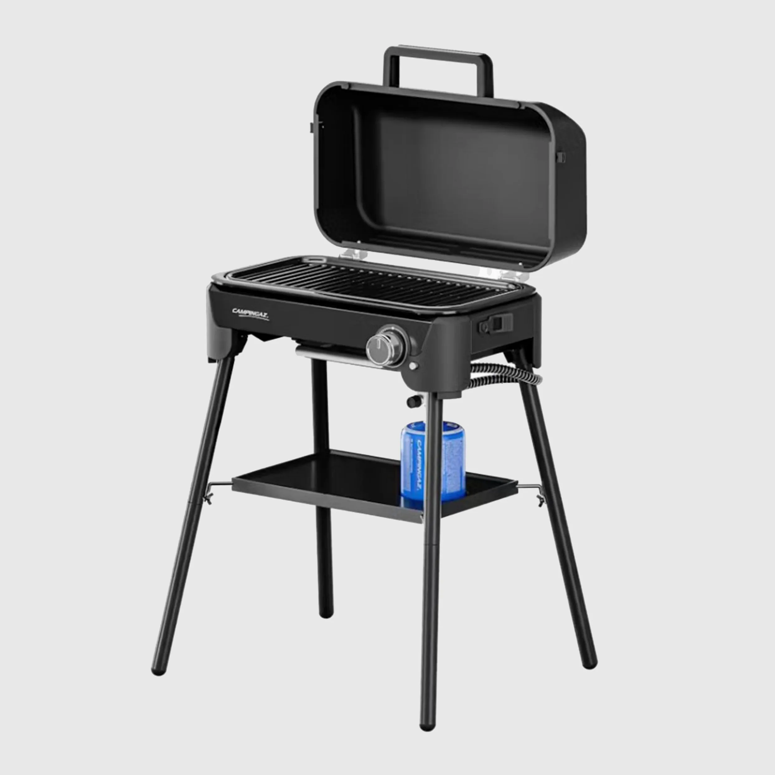 Campingaz Tour & Grill - Barbecue a gas CV Plus, utilizzabile come barbecue da tavolo o da pavimento, portatile, con coperchio e gambe rimovibili, per campeggio, balcone, terrazza, potenza 2400 W
