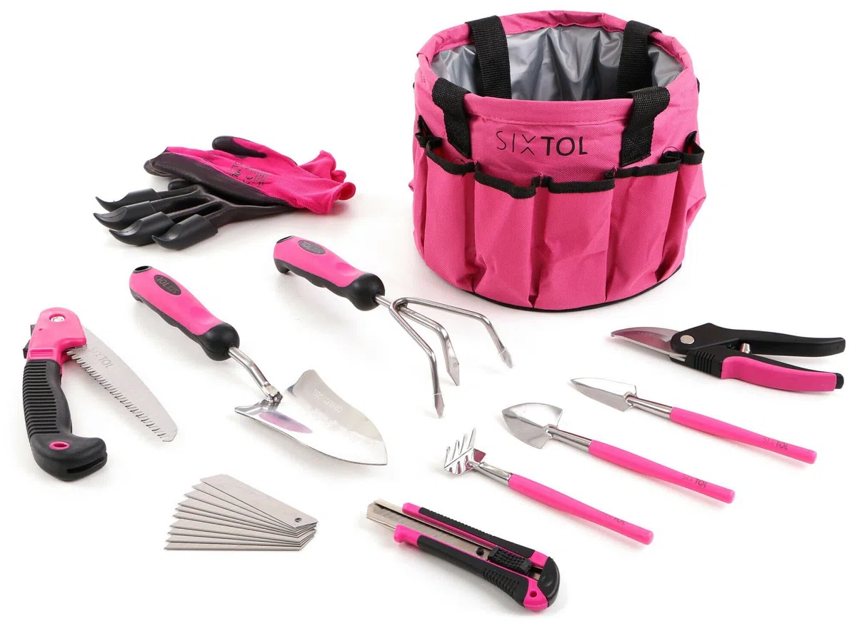 Garden PINK - Set di 10 attrezzi da giardino, 10 pezzi, accessori da giardino in acciaio inox, pratica borsa da giardino come regalo per donne, per giardinieri e donne