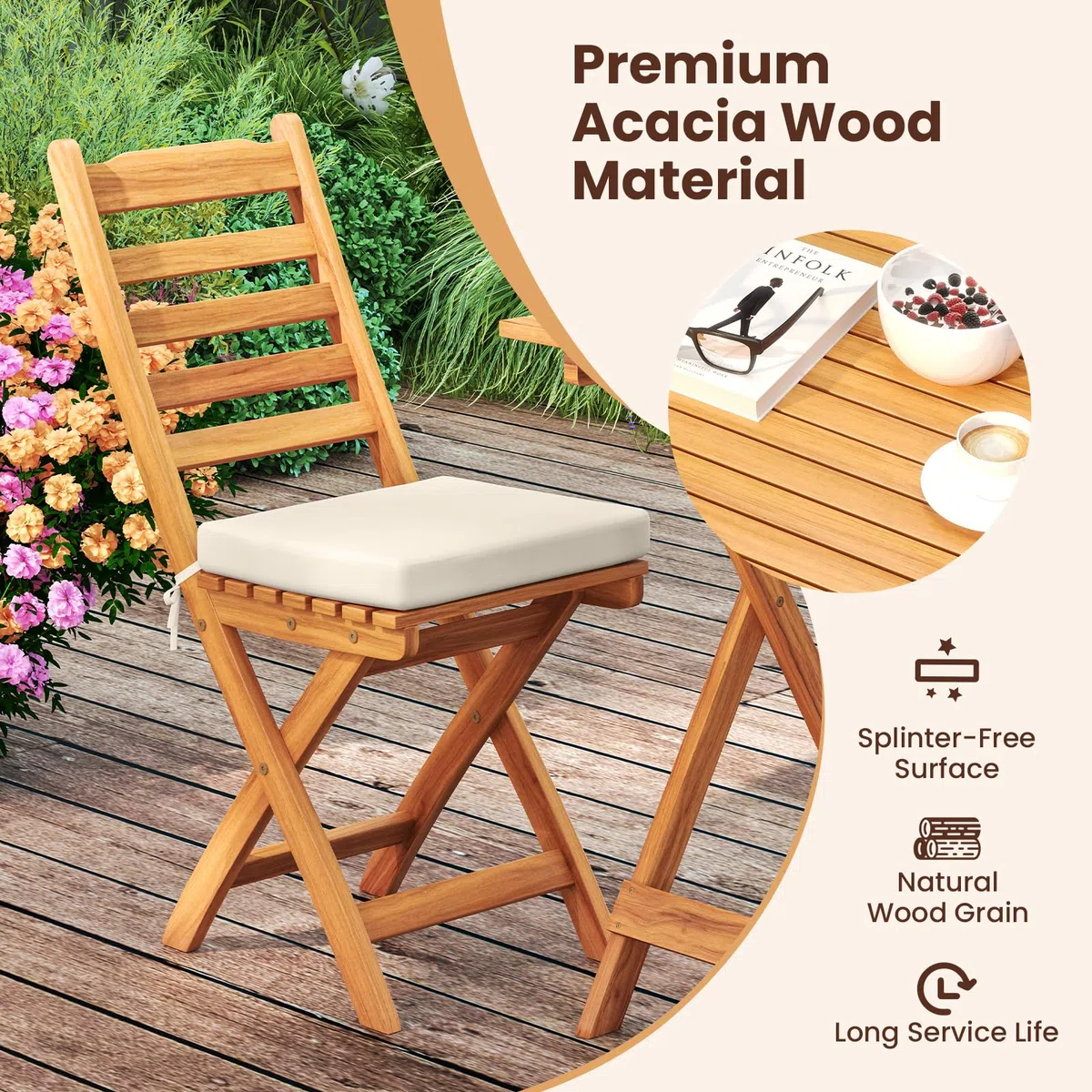 GIANTEX Mobili da balcone piccolo balcone, tavolo da bistrot con 2 sedie, set di mobili da giardino in legno pieghevole, set da balcone per esterni, per 2 persone, set da giardino con cuscino