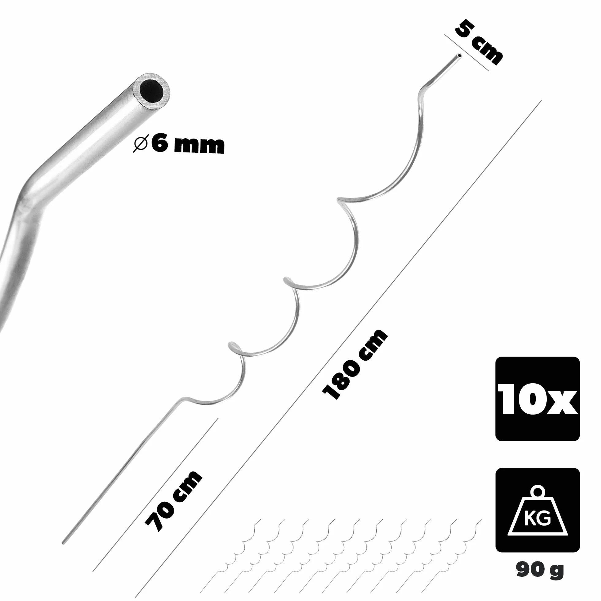 KADAX Set di 10 aste a spirale per pomodori, 180 cm x 6 mm, aste in alluminio, supporto per rampicanti per pomodori, spirale per pomodori, asta a spirale, pali per pomodori, aste per piante
