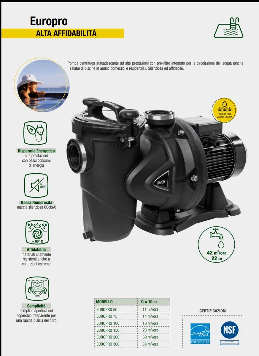 DAB EUROPRO 300 T - IE3 Trifase 230/400 V - 3 HP - Elettropompa per piscine Trifase autoadescante silenziosa uso domestico residenziale allevamenti ittici agricoltura industria