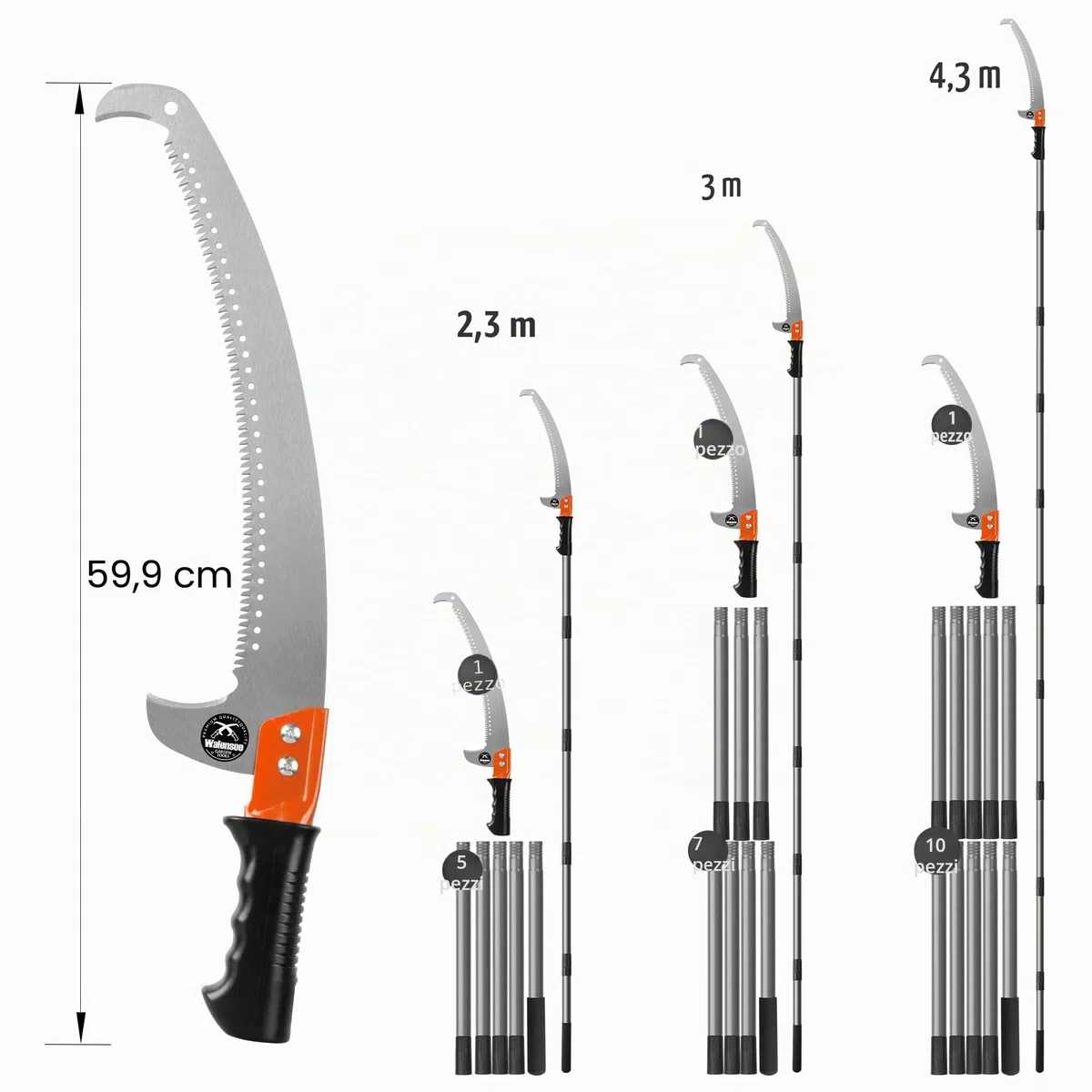 Walensee Sega da albero per potatura, 2,3 m, leggera prolunga manuale in acciaio inox, sega alta con lama per trimmer rami, cesoie per alberi per foreste, cortili, terrazze