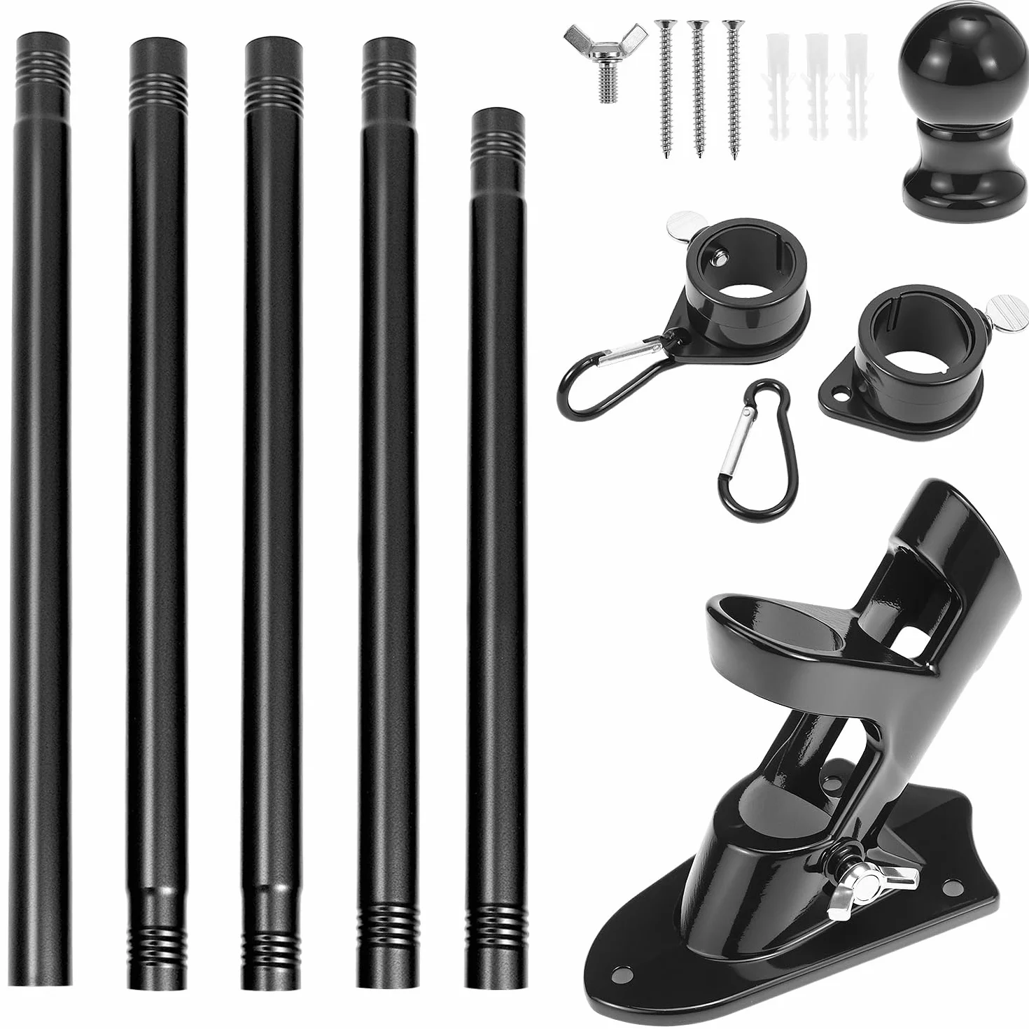 QWORK® Kit Portabandiera da Esterno - Bandiera in Metallo Opaco 180 cm con Staffa a Muro, Testa a Gomito e Anello di Rotazione - Sospensione 45°/90° - Lunghezza Regolabile