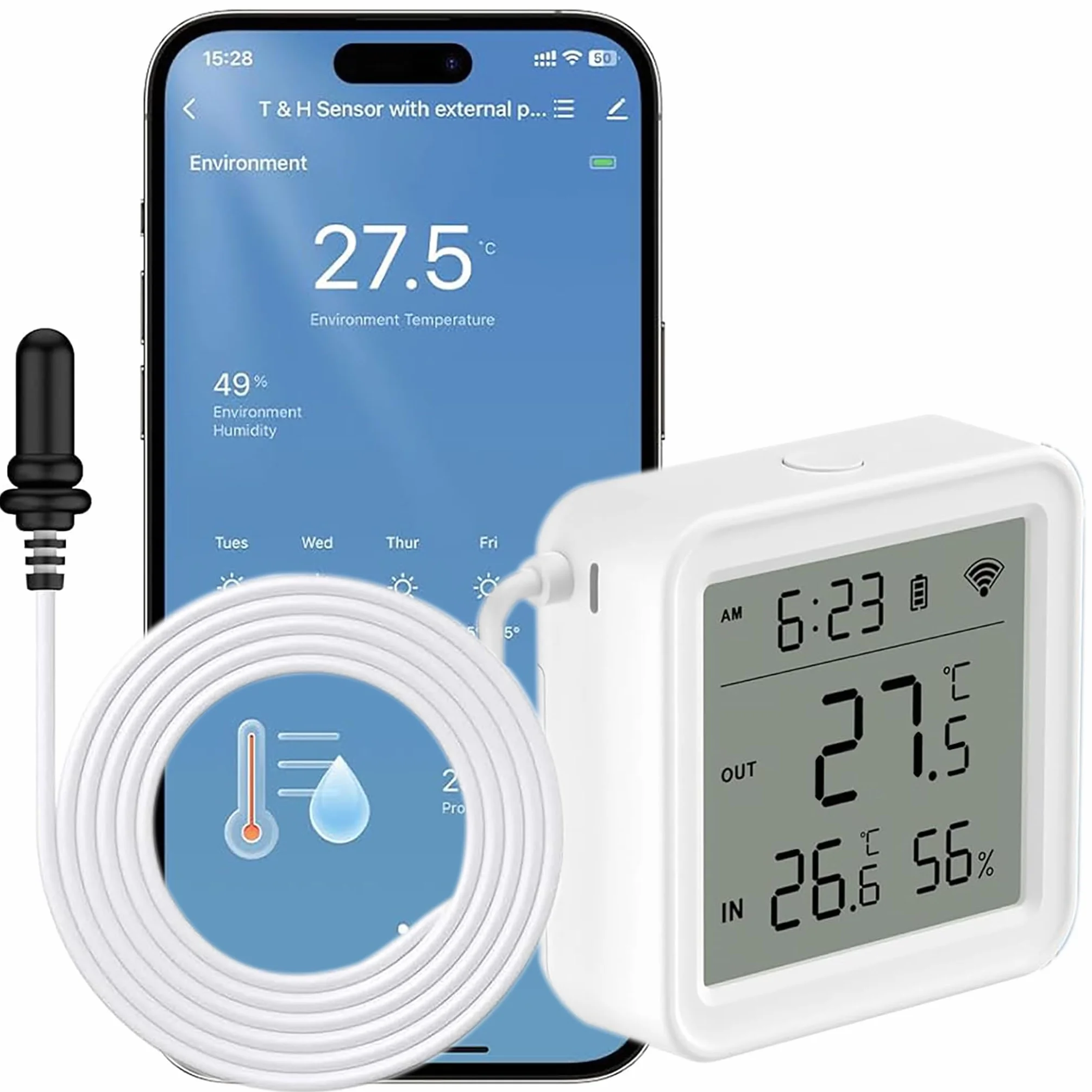Sensore di temperatura e umidità wireless per interni ed esterni con sonda esterna (versione indipendente con sonda esterna)