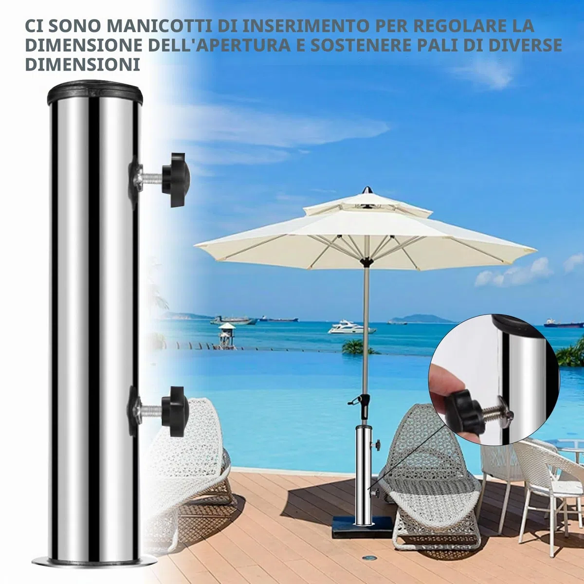 Forhome Tubo di supporto per ombrellone da giardino, universale, con 3 anelli di riduzione (48/38/32 mm), per ombrellone