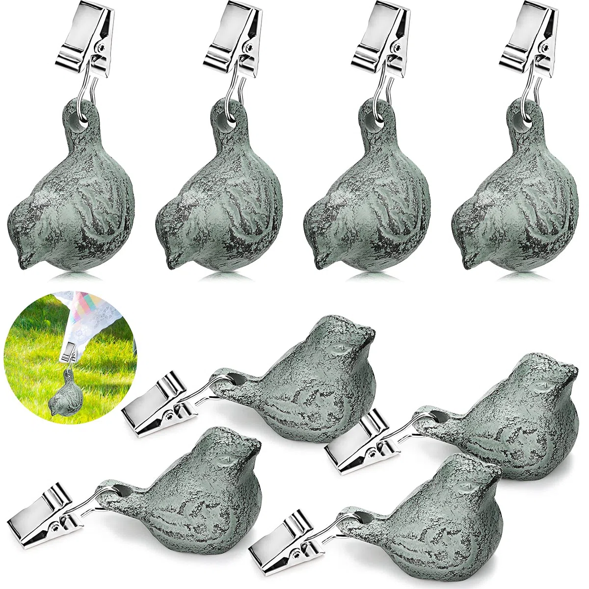Patelai 8 Pesi di Tovaglia Vintage Kit Pesi per Tovaglia con Clip Peso della Copertura della Tabella Degli Uccelli Antichi del Ghisa per Feste in Campeggio Aperto in Giardino (Bianca)