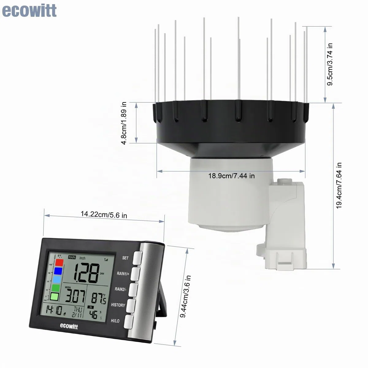 ECOWITT WH5370H - Pluviometro digitale senza fili (con termometro), serbatoio autosvuotante con design migliorato da 3,5 cm per il monitoraggio della pioggia in tempo reale