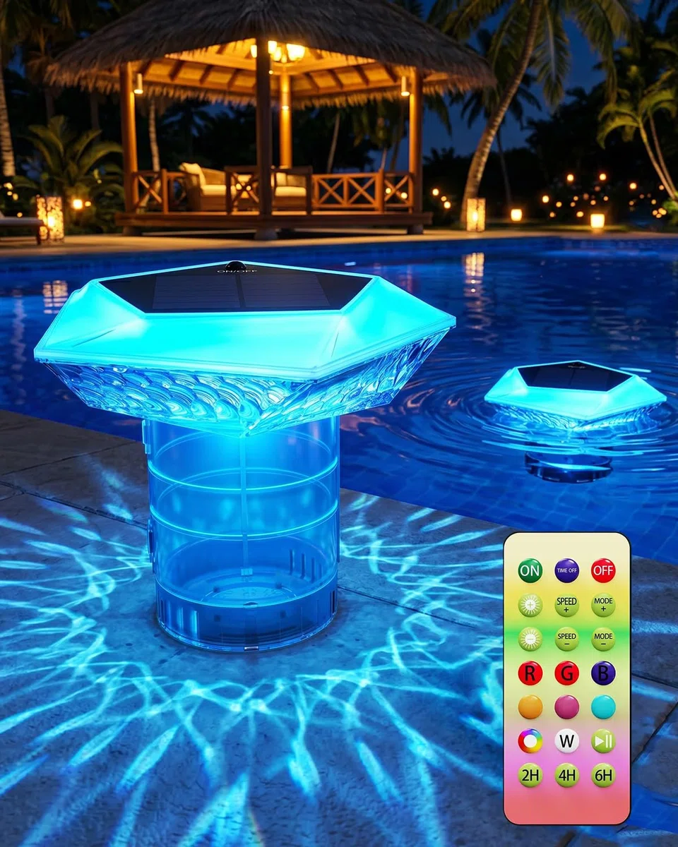 MYMULIKE Galleggiante dosatore per piscina, 2 pezzi di cloro solare per compresse di cloro da 3", grande dosatore di cloro per piscina con illuminazione per piscina, dosatore di cloro per piscina