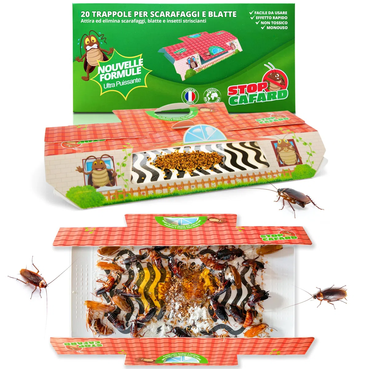 20 Trappole Scarafaggi e Blatte. Potente Trappola Professionale per Scarafaggi. Trappola Scarafaggi Non Tossica. Stop Cafard, Verde e arancione