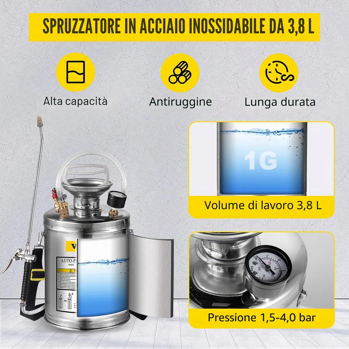 Vevor - Spruzzatore in acciaio inox, da giardino, nebulizzatore per piante per giardinaggio, casa e pulizia a pavimento, adatto per le esigenze attuali dell'industria, dell'agricoltura