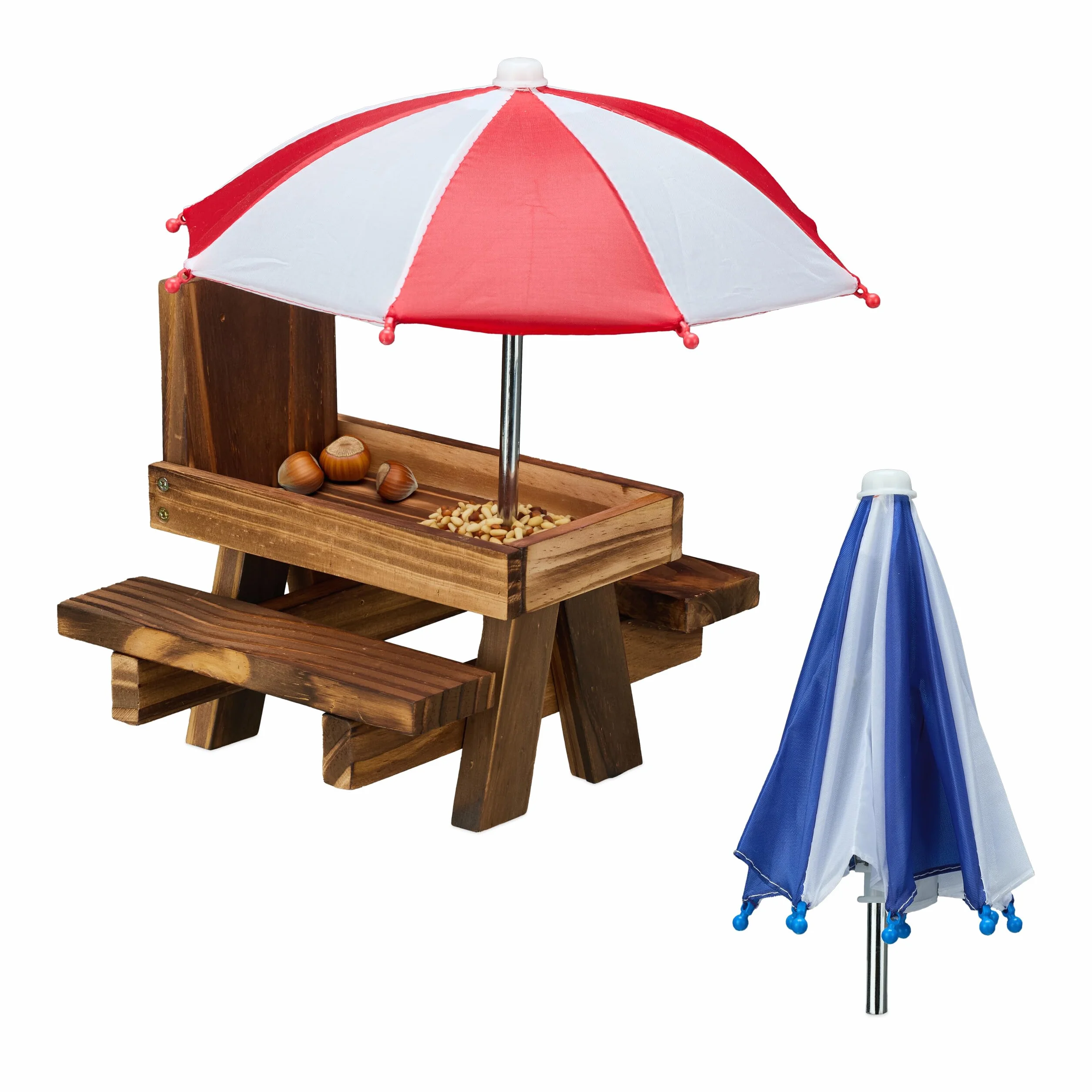 Relaxdays Tavolino Mangiatoia per Scoiattoli, Stazione Appesa con Ombrelloni, per Gli Alberi, in Legno, Marrone Scuro