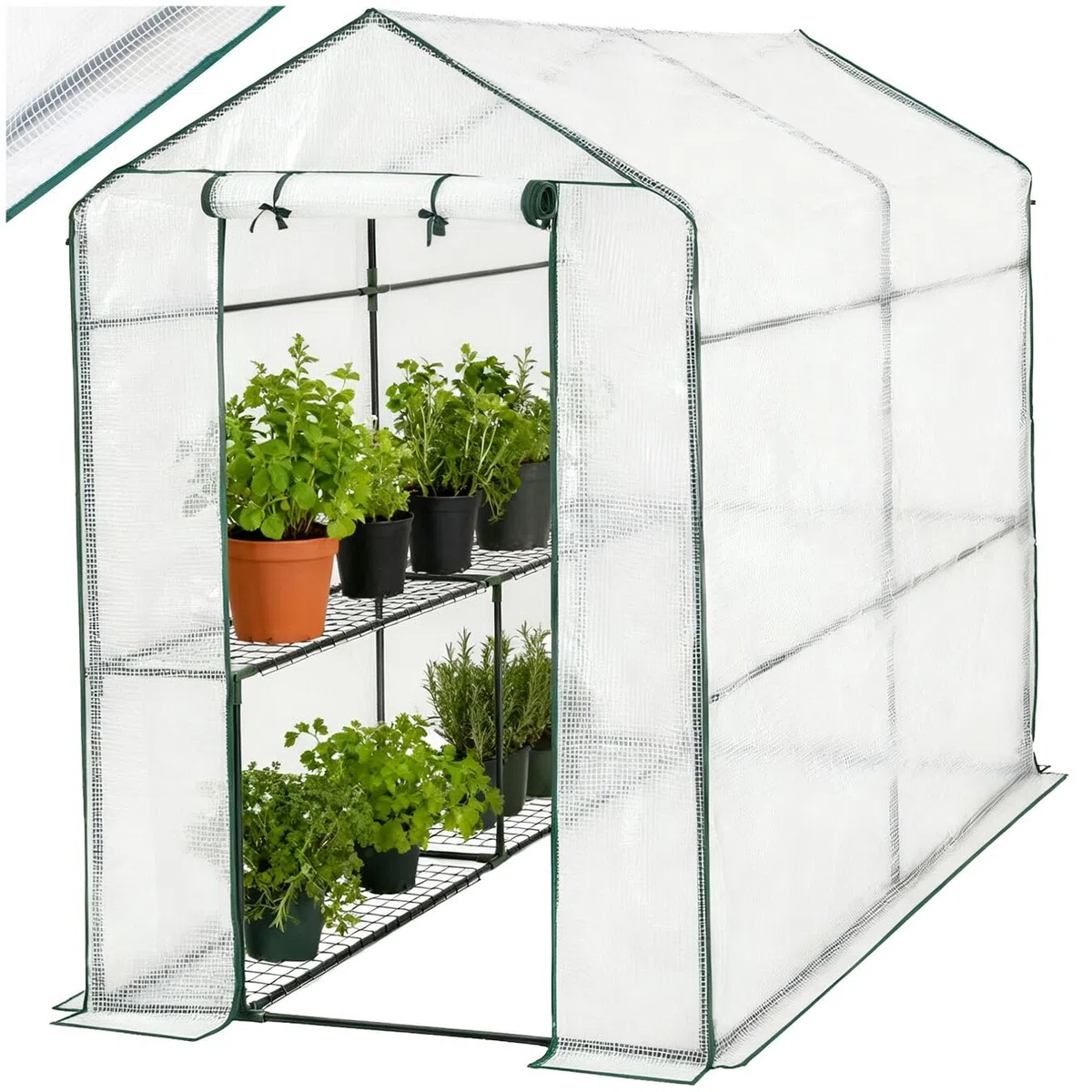 tectake® Serra da Giardino con Telaio in Acciaio, Serra per Orto con 4 Griglie di Appoggio in Metallo, Pellicola Retinata in Propilene, Comoda Porta di Accesso, Resistente ai Raggi UV - Bianco
