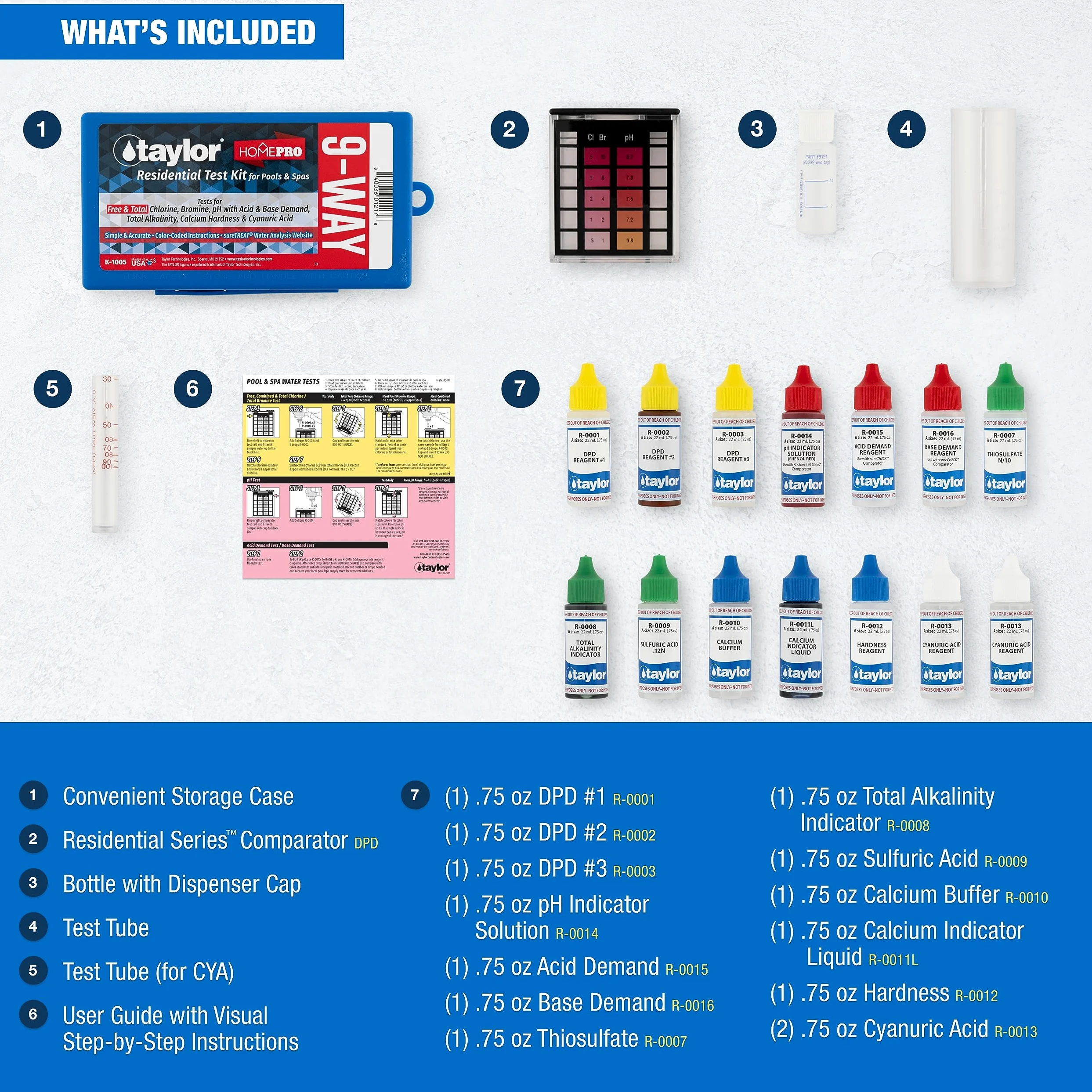 Taylor K-1005 DPD, kit per test piscina 9 in 1 per cloro libero e totale, bromo, pH, domanda di base, alcalinità, durezza del calcio, acido cianurico | Prodotto negli Stati Uniti, 1 pezzo
