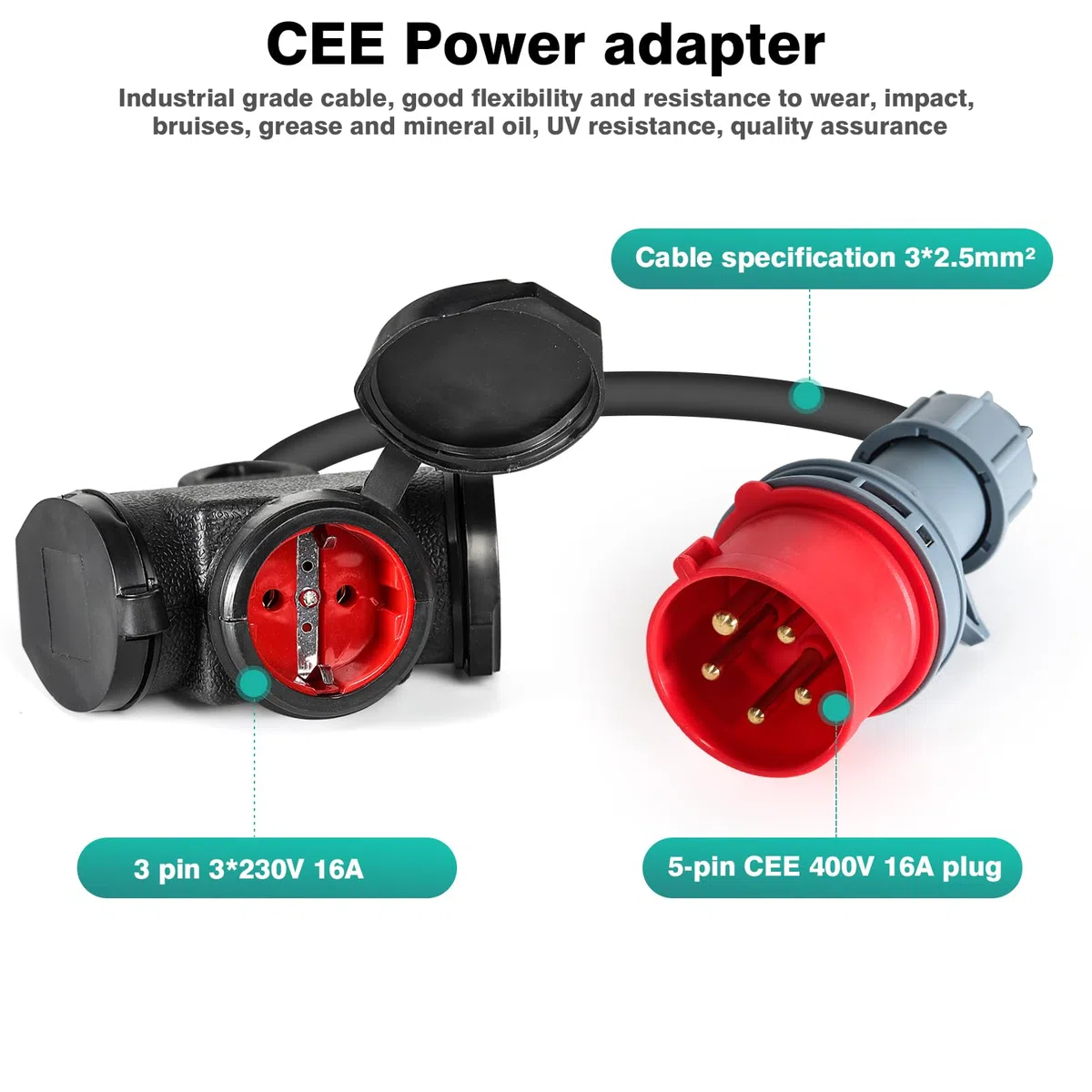 Adattatore CEE 16A 400V maschio a 3 * 230V CEE a Schuko con 5*cavo di alimentazione da 2,5mm² IP44 per la conversione di carica di caravan/yacht, conversione di potenza industriale.