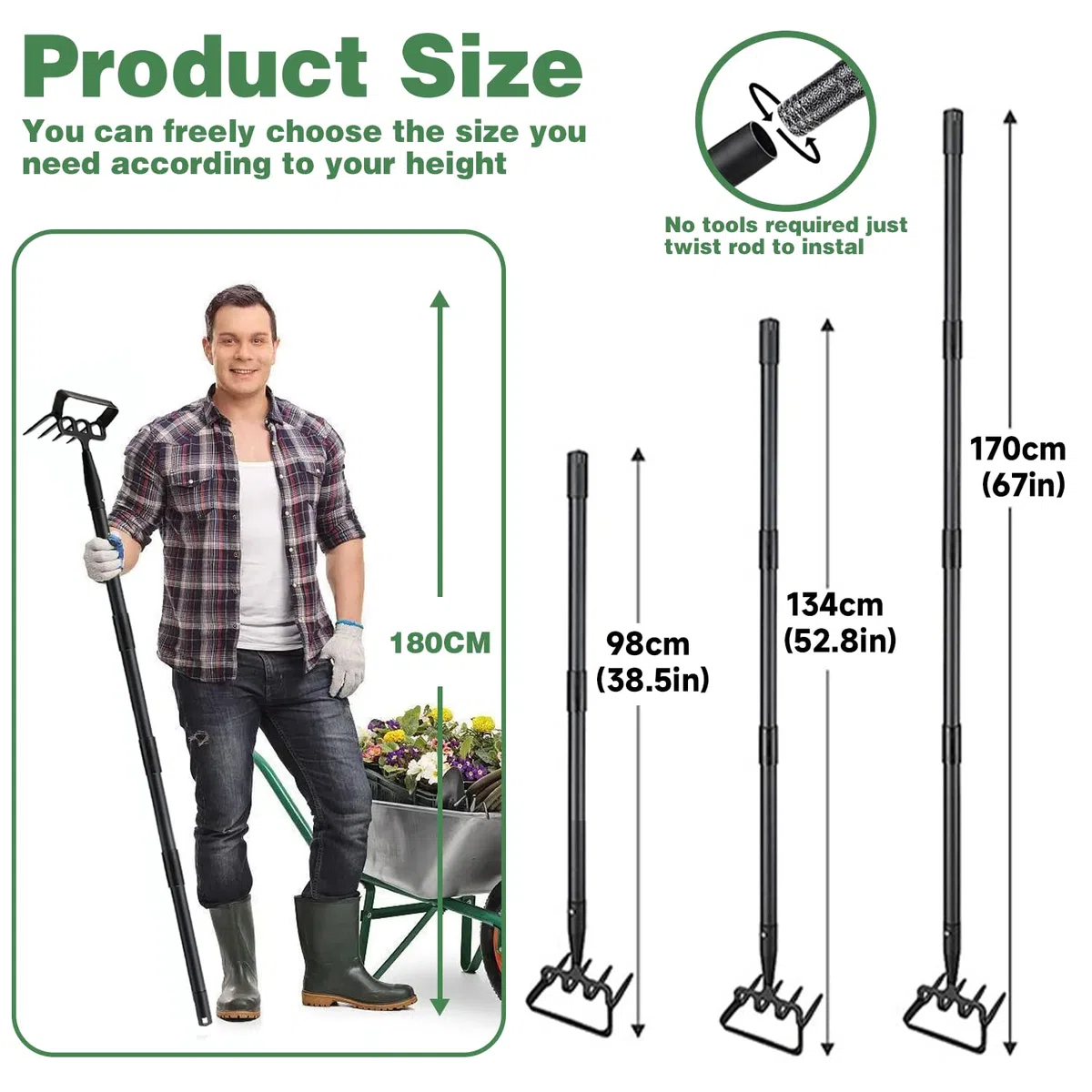 Zappetta da giardino 170CM Zappetta a staffa e rastrello a 4 denti 2 in 1 in acciaio inox manuale Hula Hoes Strumento da giardino Zappetta con azione regolabile zappetta per diserbare