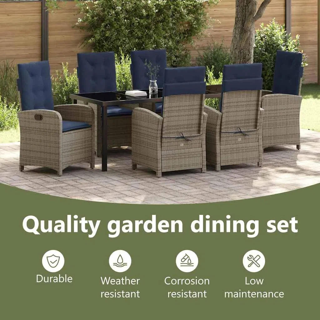 vidaXL Set da Pranzo per Giardino con Cuscino 7 PCS Grigio polyrattan, Set da Pranzo all'aperto, arredo in Rattan Moderno, Resistente agli Agenti atmosferici, posti Regolabili per Giardini e terrazze