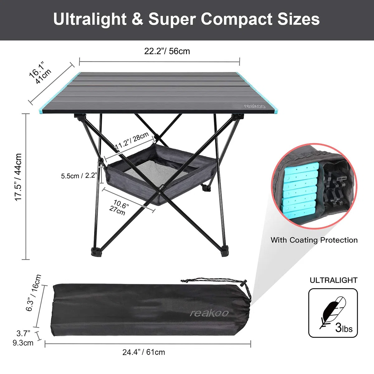 reakoo Tavolo Campeggio Portatile In alluminio, Tavolo de Campeggio Pieghevole ultraleggero compatto con borsa, Tavolo da Giardino, Tavolo da Esterno per Spiaggia, Barbecue, Picnic, Viaggi