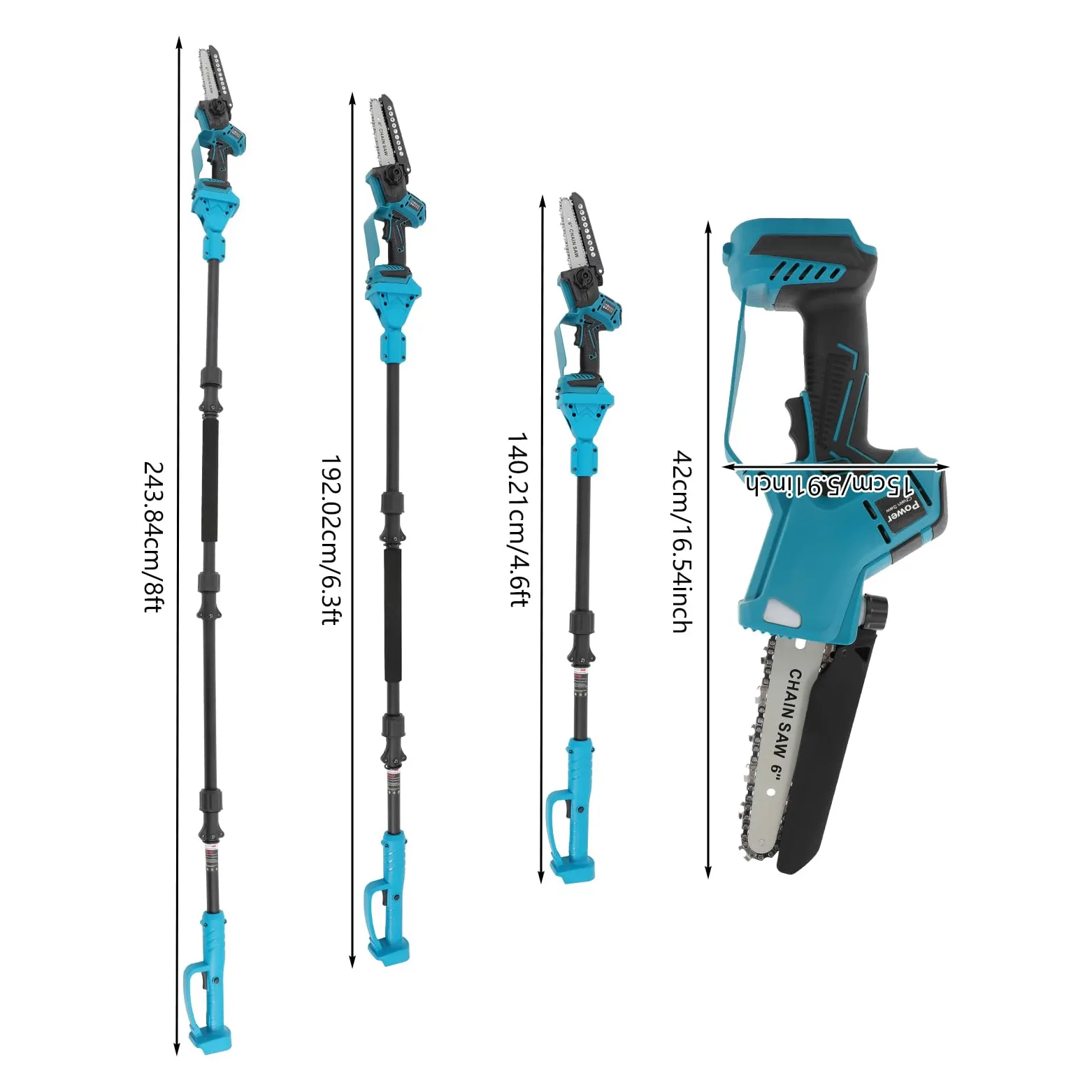 Potatore elettrico a batteria da 18 V, manico telescopico con piastre guida intercambiabili da 15,2 cm e 20,3 cm e seghetto elettrico abbinato, per potatura di alberi, potatura e cura del giardino