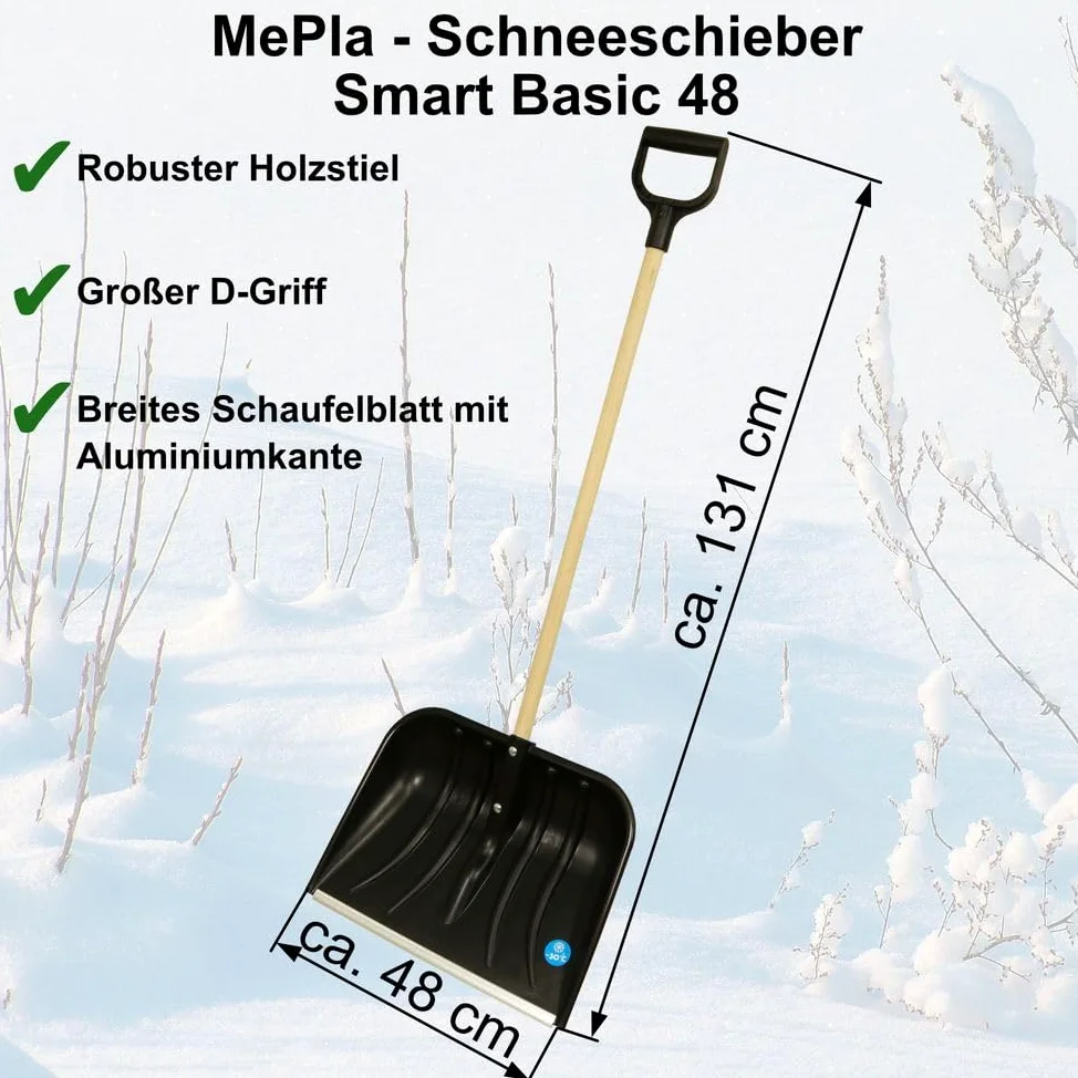 MePla Pala da neve Smart 48 con manico in legno robusto e bordo in alluminio robusto – La pala è perfetta per l'inverno – Acquisto veloce ed economico