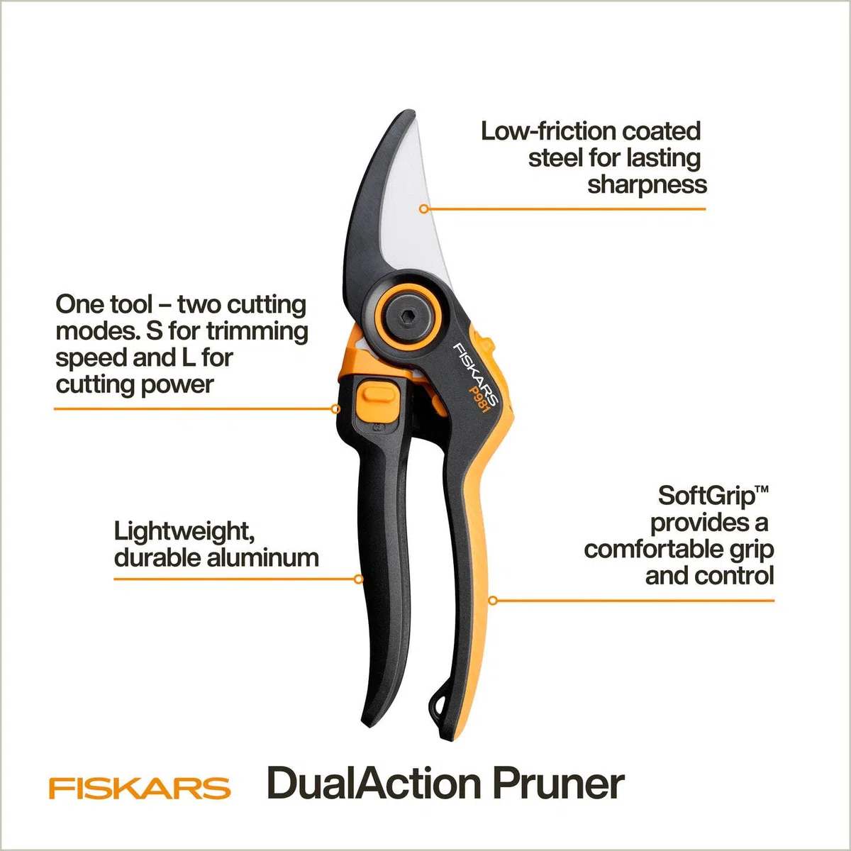 Fiskars X-series DualAction Cesoie da Giardino Bypass P981, Per Rami Sottili e Spessi, Impugnatura Ergonomica, Lame in Acciaio con Rivestimento Antiaderente, FiberComp, Nero/Arancione, 1080132