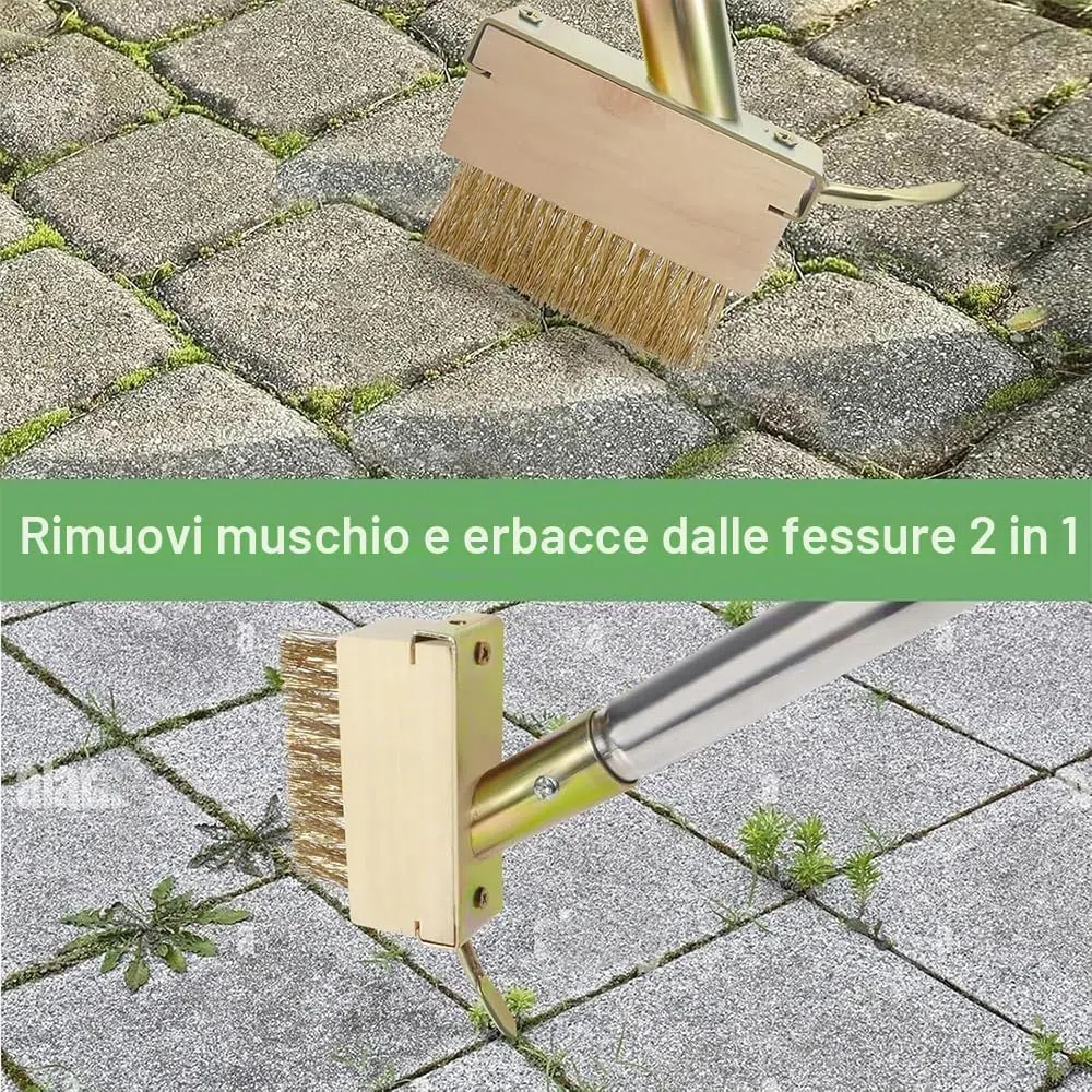 Spazzola per erbacce per fughe con manico, 2 pezzi spazzola per erbacce con raschietto per fughe, scopa per pavimentazione con bordo raschiante, spazzola per erbacce da giardino, scopa per fughe