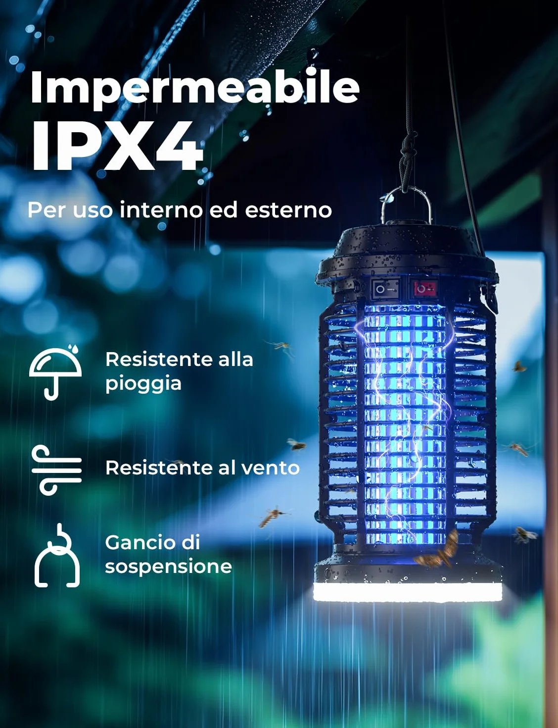 YISSVIC Lampada Antizanzare Elettrica 4200V con Luce LED, Impermeabile IPX4, Zanzariera Elettrica, Trappola UV per Zanzare per Giardino, Esterni e Interni, con Spazzole di Pulizia - Efficace e Sicura