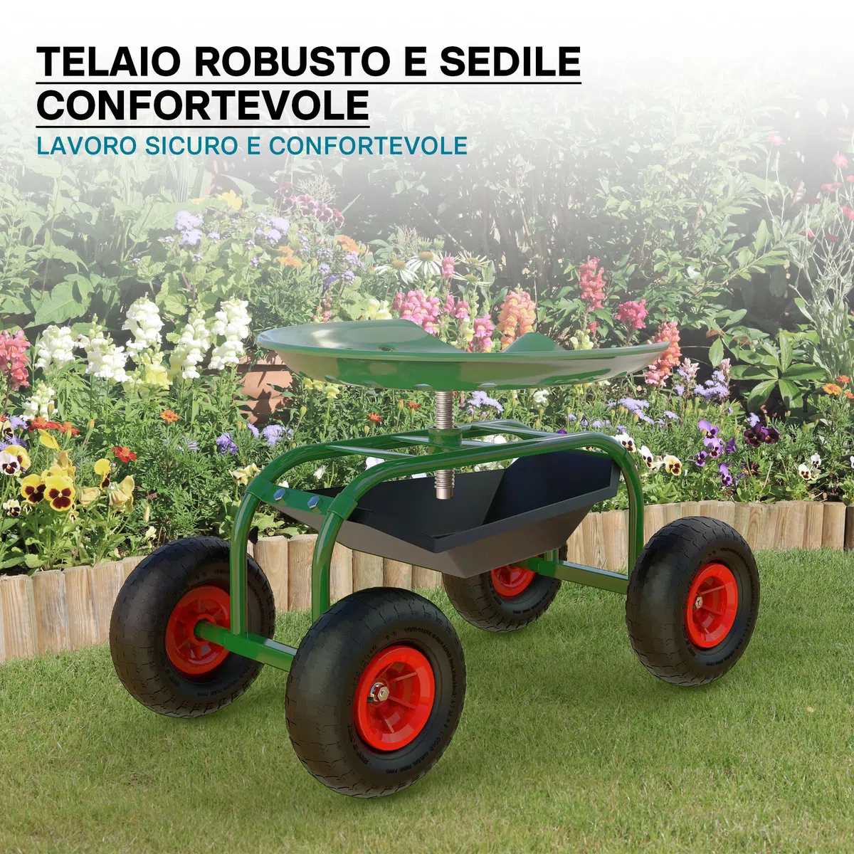 Wiltec Sgabello da Giardinaggio e Officina con Ruote e Porta Oggetti, Sgabello a Carrello, Portata 150 kg