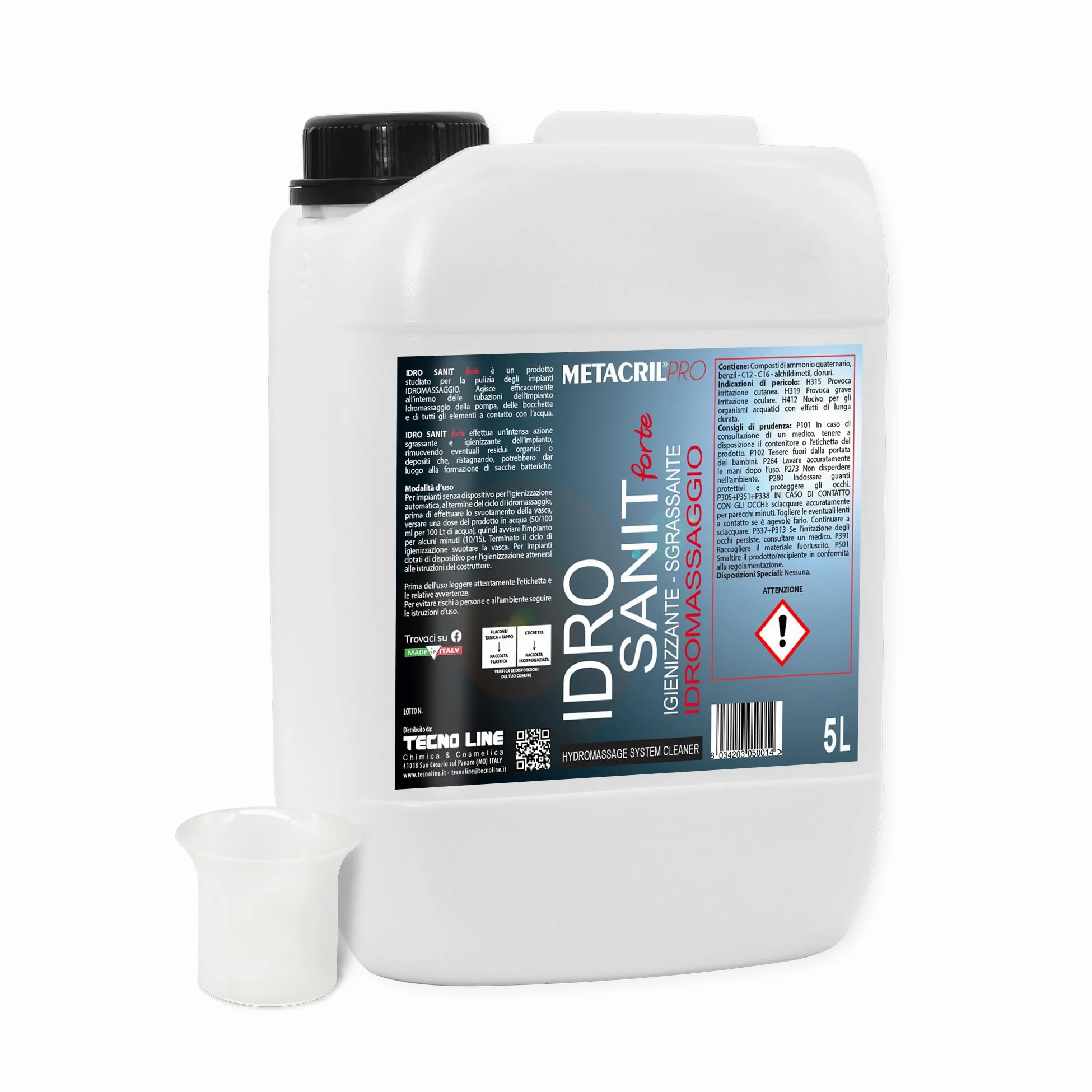 Metacril Pro Idro Sanit Forte + Dos. Detergente Specifico Universale - 5 LT | Per la Pulizia e Mantenimento di Impianti Idromassaggio, Non Schiumogeno, a Forte Azione Sgrassante
