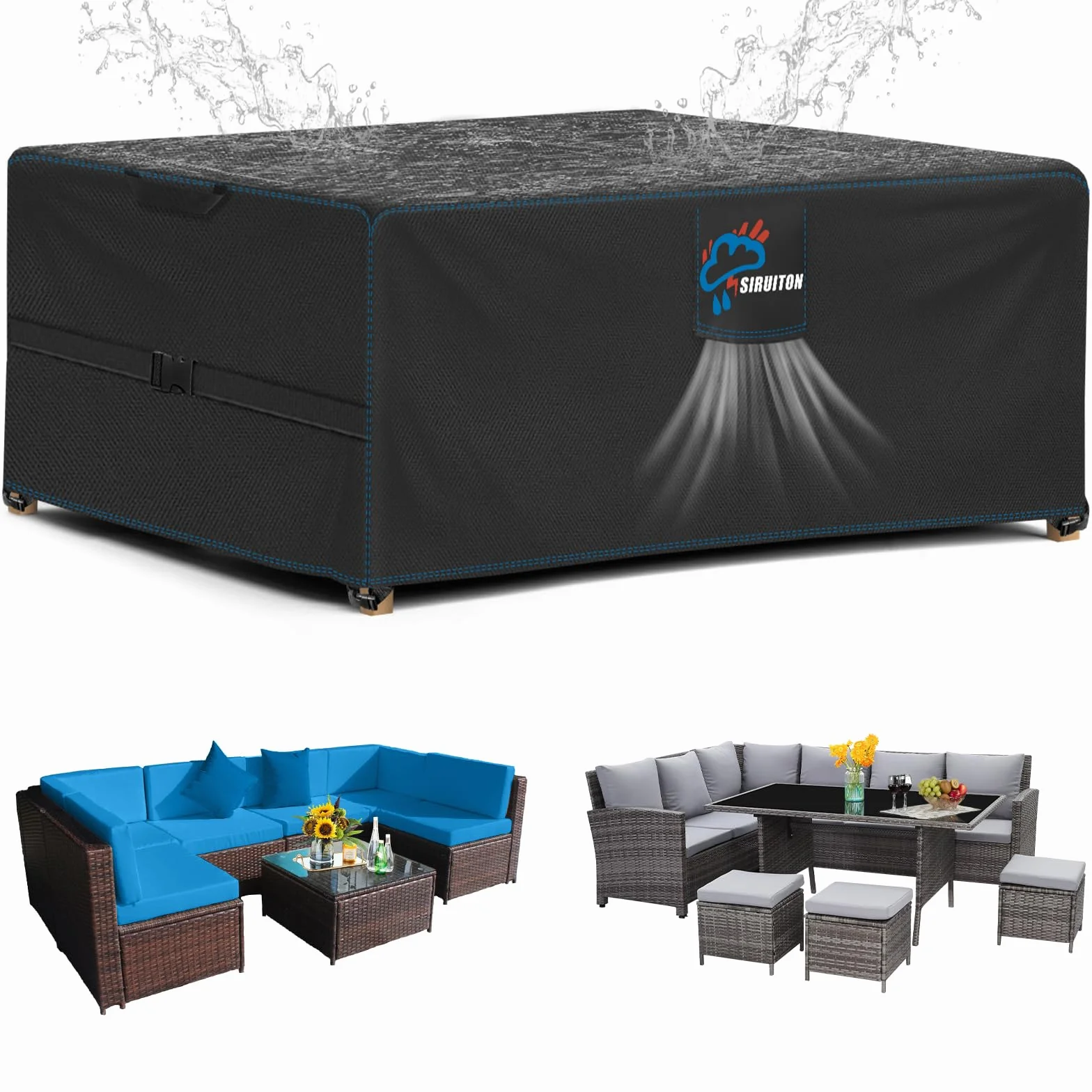 SIRUITON Copertura per mobili da giardino,180x120x74cm,con aperture di ventilazione,impermeabile,antivento,resistente ai raggi UV,antistrappo,520D Oxford,copertura per