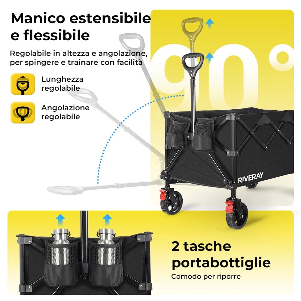 Carrello Pieghevole 300L, 230kg, Ruote Frenate | Maniglia a Rimbalzo, 2 Portabevande, per Spiaggia, Campeggio e Giardino