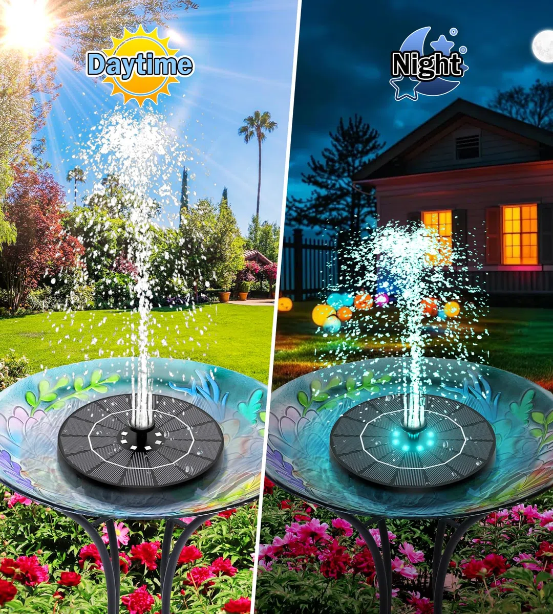 SZMP Fontana Solare 3.5W, 2026 Nuovo Pompa ad Acqua Solare con 2200mAh Batteria, 8 Luci LED Colorate Fontana da Giardino Esterno con 8 Ugelli e 4 Fissatori, per Bagno per Uccelli, Giardino Piscina