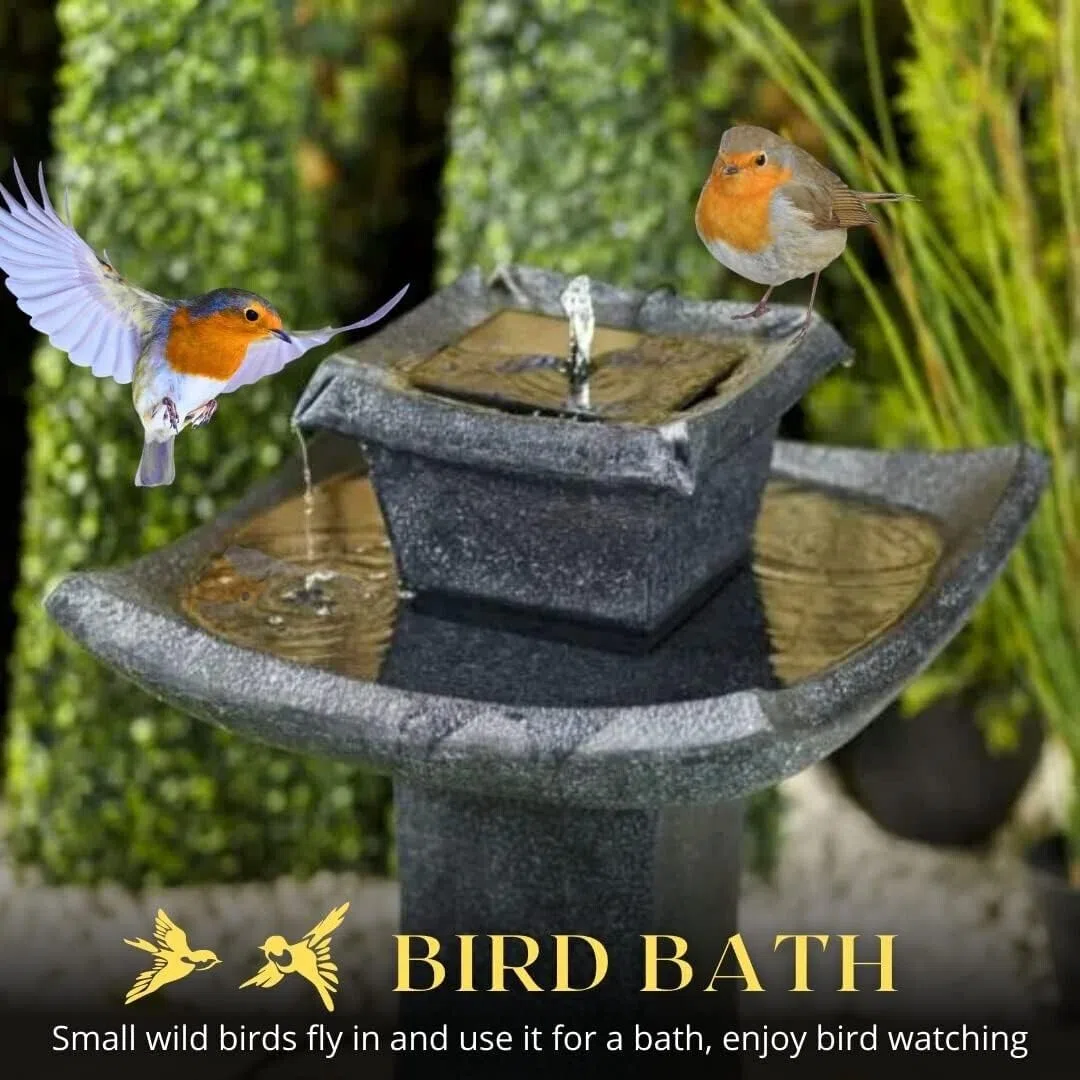 Garden Mile Fontana solare Pogoda dal design giapponese, effetto pietra tradizionale, vaschetta ornamentale per uccelli da giardino, patio, in resina ad alta efficienza energetica, a 2 ripiani