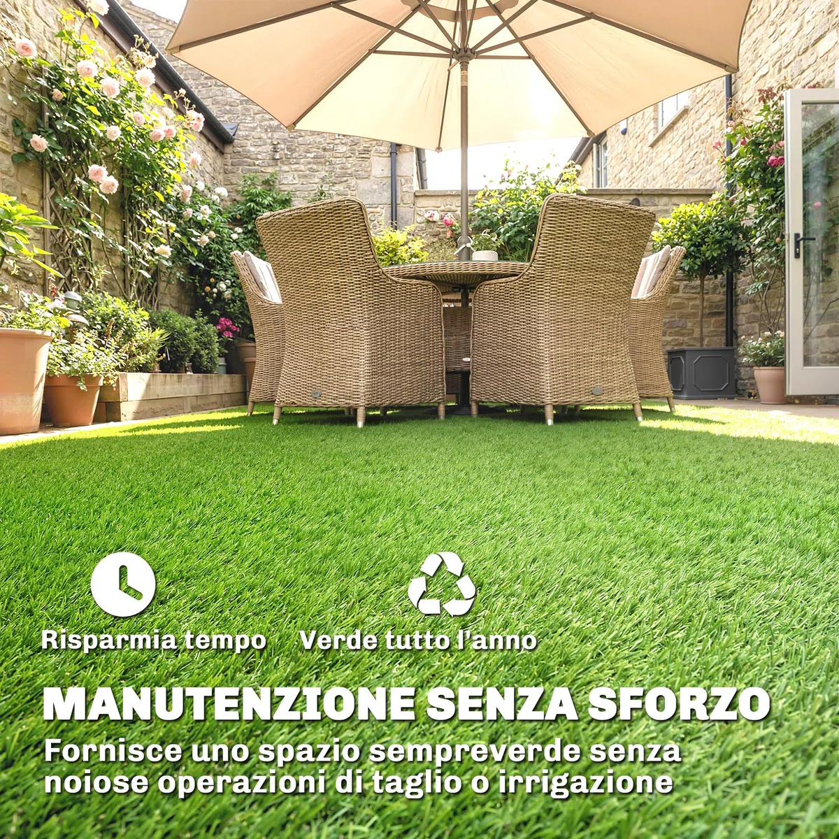 Outsunny Erba Artificiale per Esterno 1m x 4m, Tappeto Erboso Sintetico con Altezza 10mm, Drenante, Ideale per Giardini, Patio, Famiglie, Animali Domestici, Interno ed Esterno, Verde