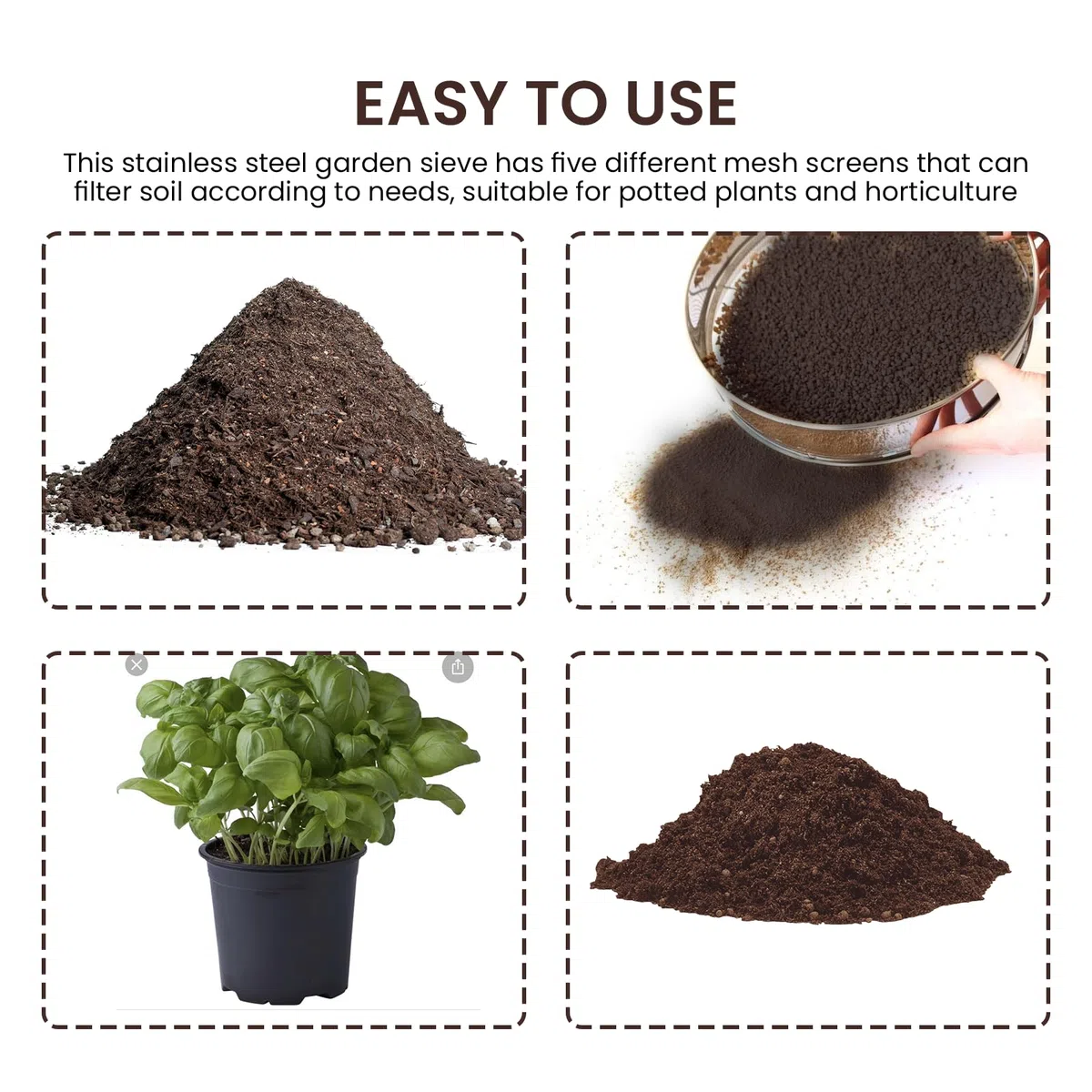 BORDEAG Setaccio da Giardino Rotondo,20 Cm Setaccio da Giardino in Acciaio Inox con 5 Inserti Intercambiabili 3,6,9,10,12 mm E Pala,Setaccio per Terreno Rotondo,Setaccio Rotondo da Giardino per Terra