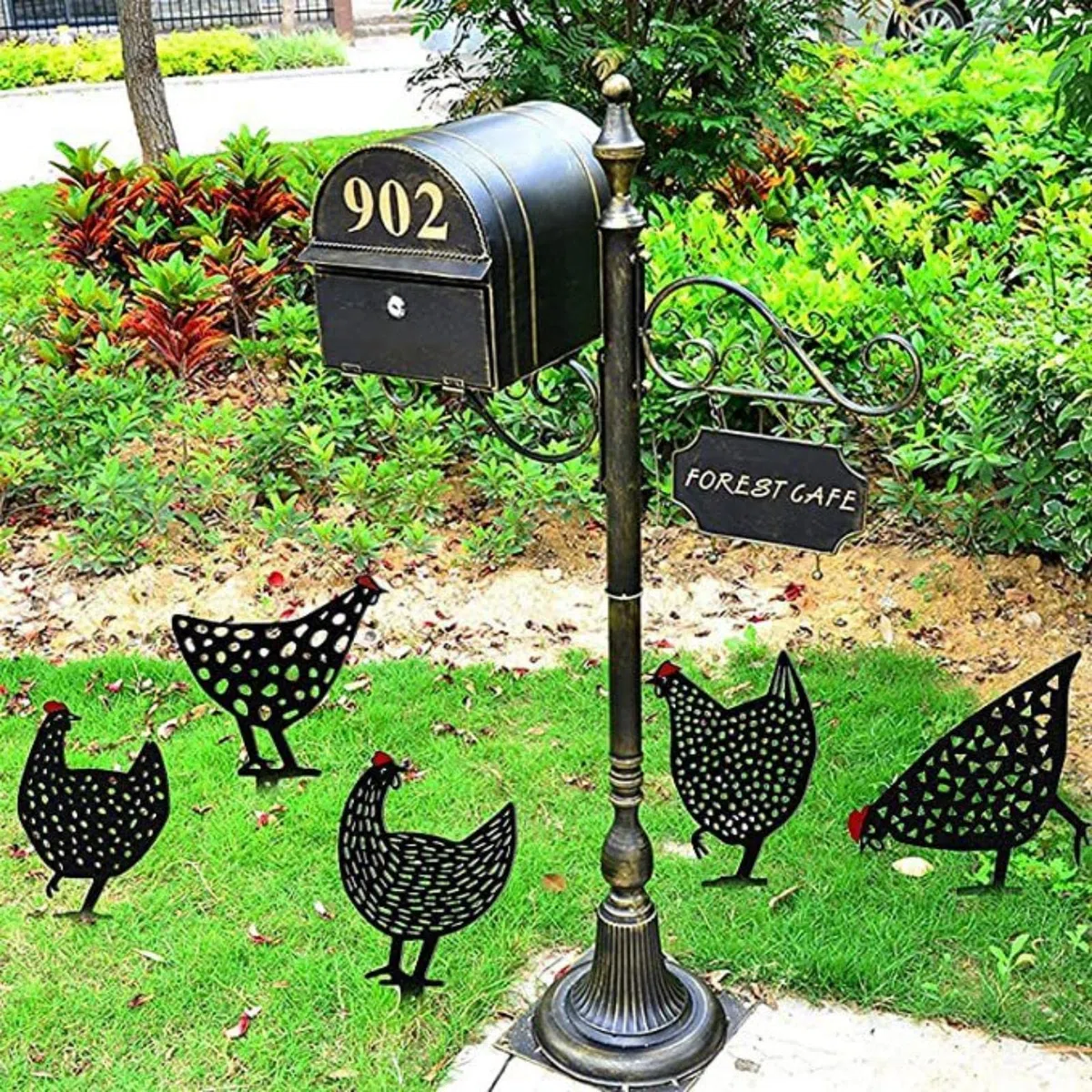 Gallini decorativi, sagoma per esterni, adatti per la decorazione pastorale di prato da giardino, in metallo nero, 5 pezzi