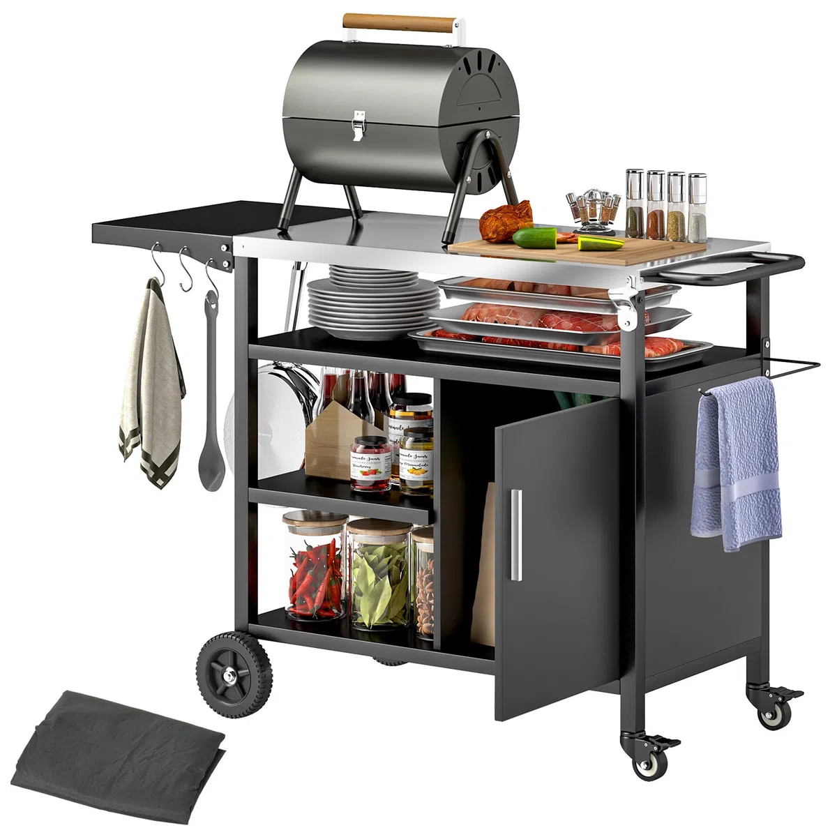 Outsunny Carrello per barbecue con vassoio in acciaio inox, ripiano pieghevole, ganci e custodia in dotazione, carrello esterno con ruote, 127 x 51 x 84 cm, colore: nero