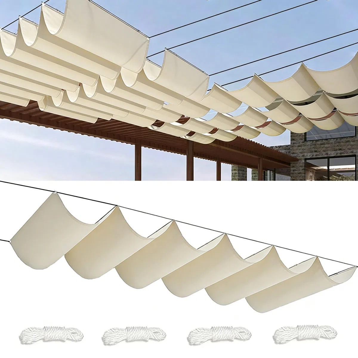 Vela Ombreggianti Onda Retrattile 0.7x3M Tenda da Sole per Esterno Vele Ombreggiante Impermeabile Telo Parasole con Occhiellato Protezione UV Tenda Vela per Giardino Balcone Terrazza Crema