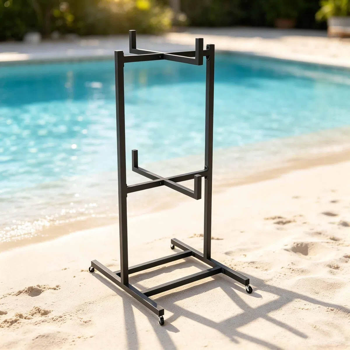 Supporto a 2 livelli per galleggianti da piscina, organizer esterno per bordo piscina, organizer con ruote e barra trasversale, adatto per attrezzature e accessori nuoto
