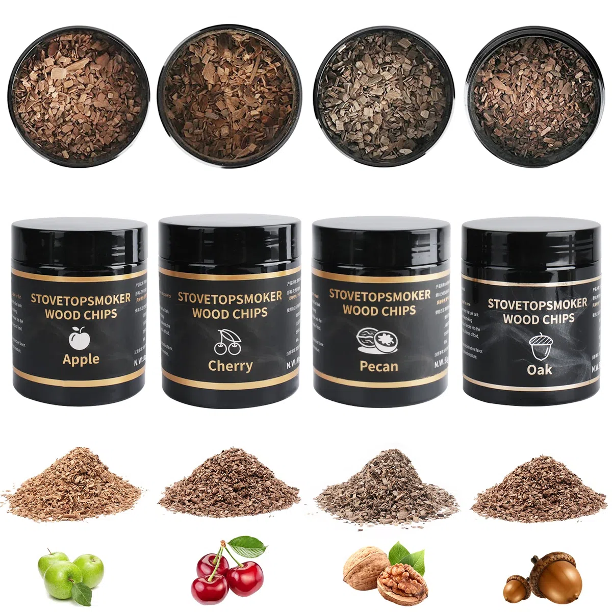 BORUIT Trucioli per affumicatura in Legno, 90 g, 100% Tutto Naturale, Mele/Ciliegia/Noce Hickory, Aroma Speciale (Ciliegia + Quercia + Noce di pecana + Mele)