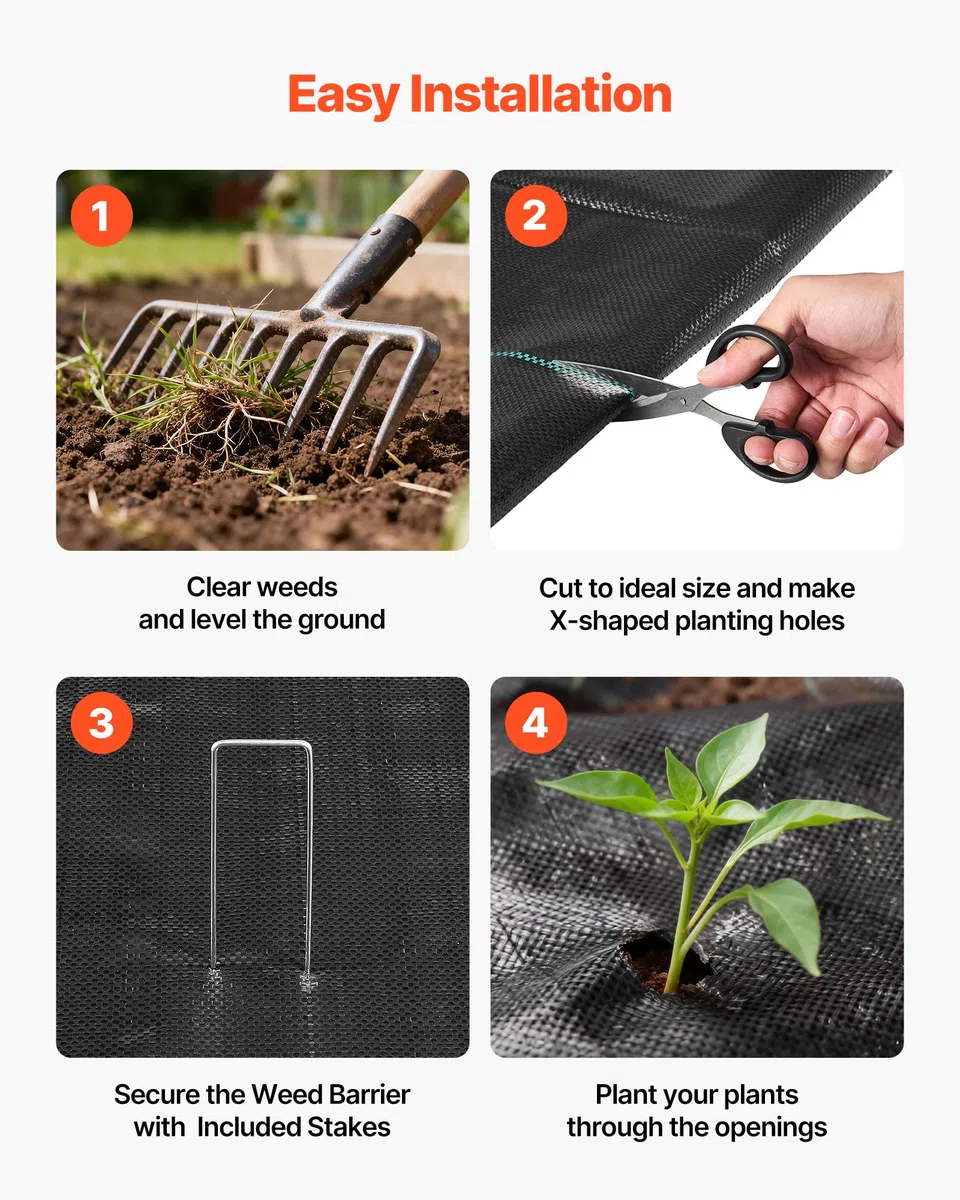 VEVOR Telo Anti Erbacce 2X 1,2x15,2 m Tessuto Pacciamante da Giardino 90 g/m², Tappetino Anti Erbacce in Polipropilene, Barriera Pacciamante per Serre, Giardino, Fattoria, Prato, Paesaggistica, Nero