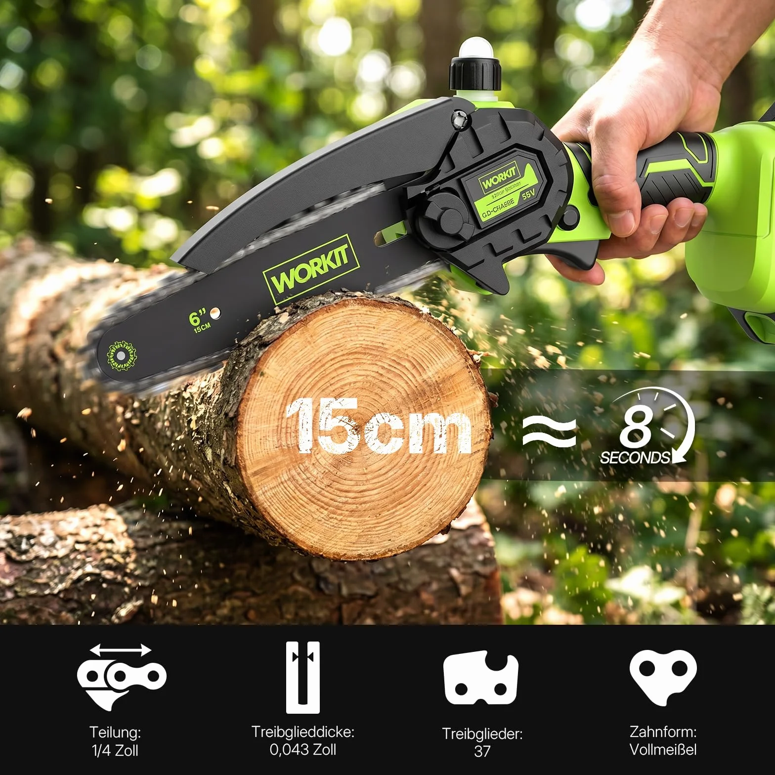 WORKIT Mini motosega da 20 V con batteria, batteria brushless e motosega a batteria, batteria da 15 cm e sega a catena singola, con 2 batterie da 2,0 Ah e olio automatico, motosega a mano per taglio