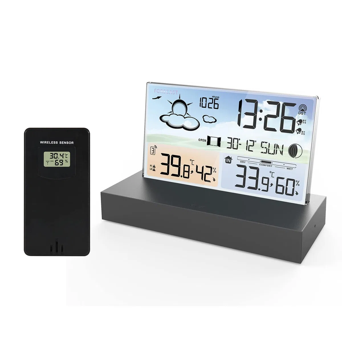 Stazione Meteorologica con Sensore Wireless Esterno, Stazione Meteorologica Digitale con Display LCD Wireless con Doppia Sveglia/Data/Temperatura/Umidità/Avviso/Barometrico/Previsioni Meteo Per Casa
