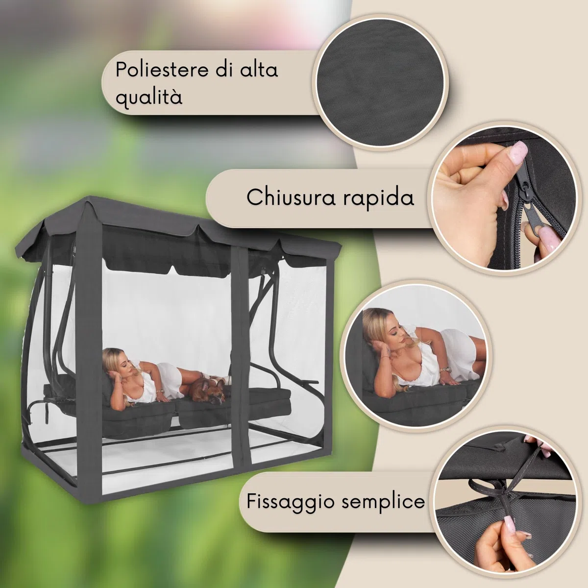 SPRINGOS Zanzariera per altalena da giardino, rete di protezione con cerniera, altezza 165 cm, circonferenza 680 cm, copertura universale per altalena Hollywood, poliestere, grigio scuro