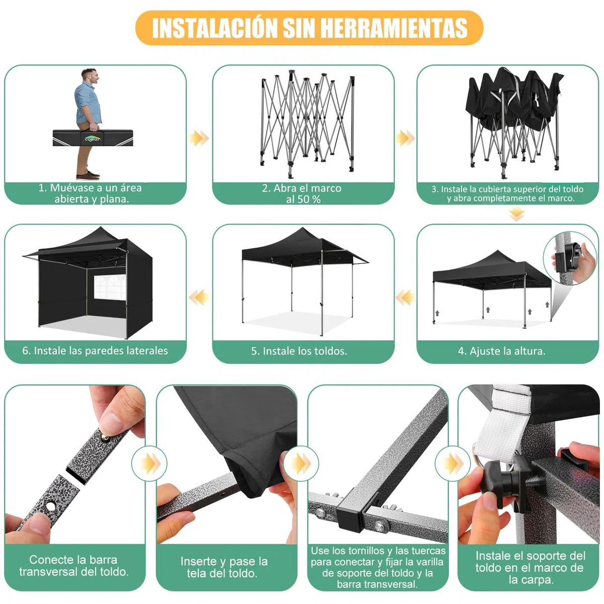 COBIZI Gazebo 3x3 Pieghevole con Parasole e Pannelli Laterali,Nero | Impermeabile UV50+ Gazebo Esterno Resistente 3x3 Tendone da Esterno Tenda per Giardino Auto Campeggio Spiaggia Fiere