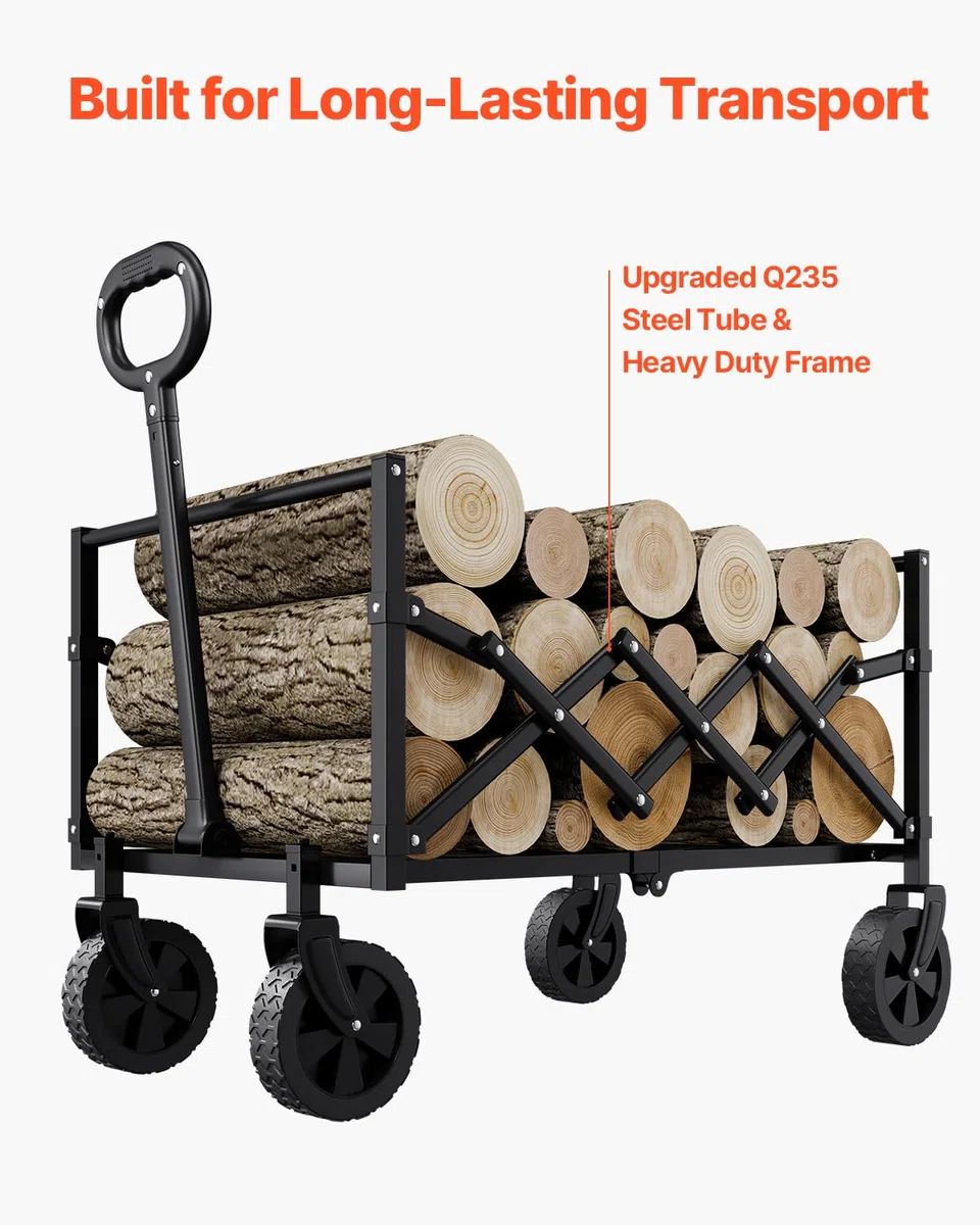 VEVOR Carrelli Pieghevoli da 120 L Capacità di Peso 102,06 kg Carrello Multiuso per Esterni Resistente con Ruote per Tutti Terreni, Maniglia Regolabile, per Spiaggia, Alimentari, Giardino, Nero