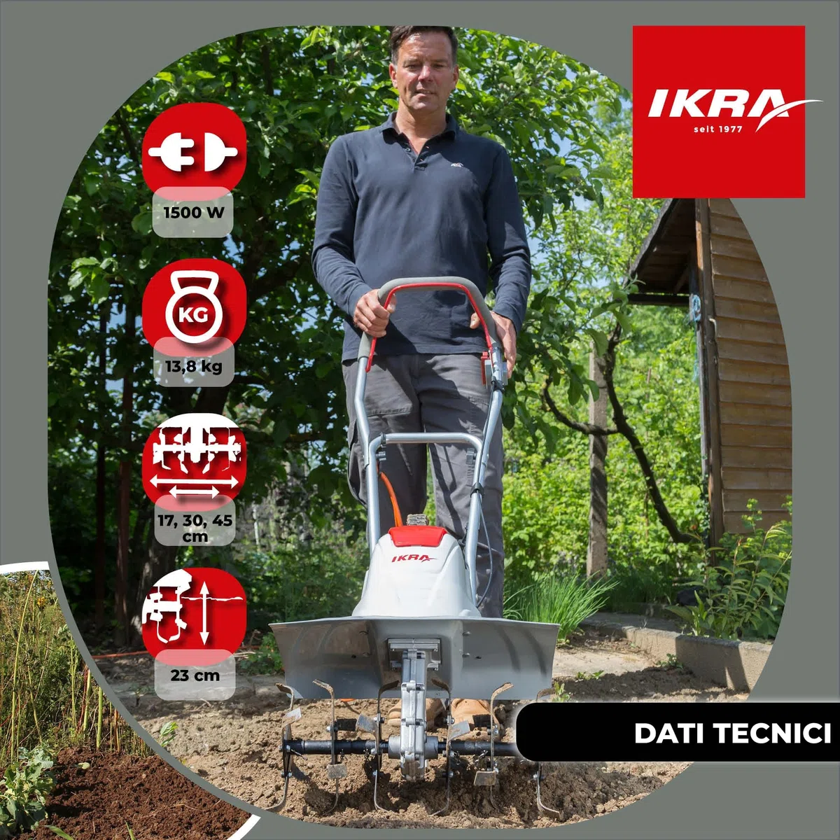 IKRA motozappa elettrica FEM 1500, 3 larghezze regolabili 17, 30 e 45 cm | 1500 W, profondità di lavoro 23 cm, sperone frenante, ruota trasporto, pieghevole, protezione da sovraccarico
